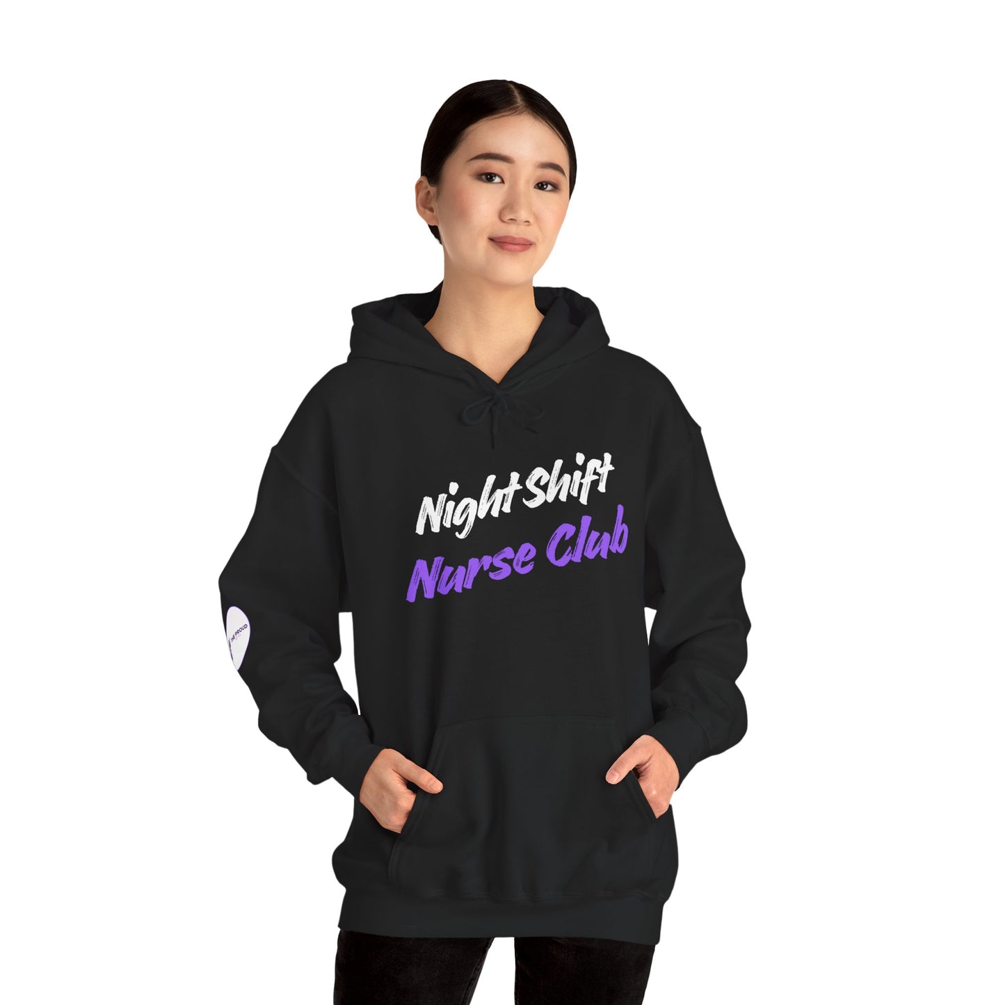 Night Shift Nurse Club Hoodie in white with bold text, perfect for nurses on night shifts.