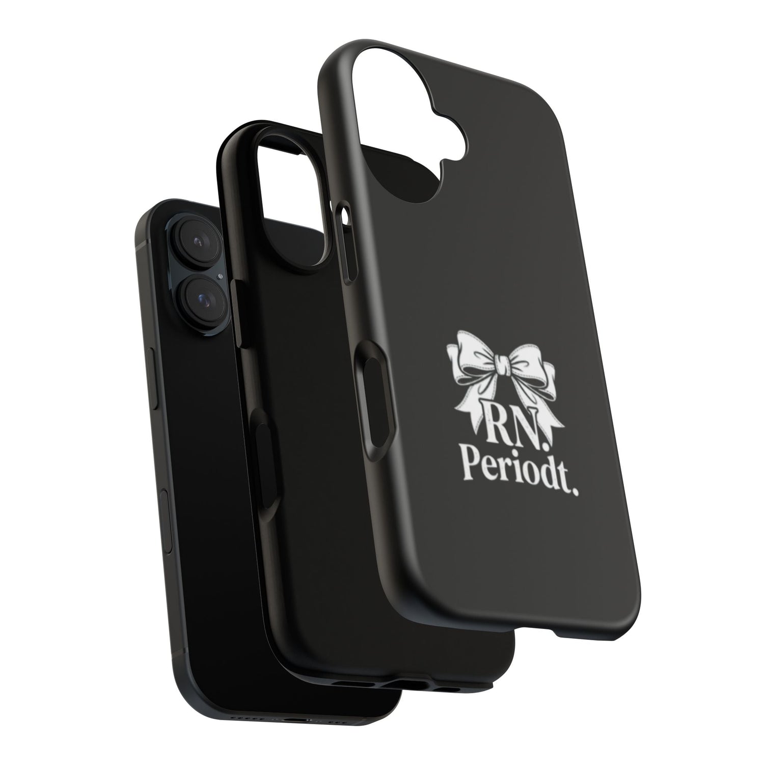 Phone cases featuring a stylish black design with a bow and the text RN. Periodt.