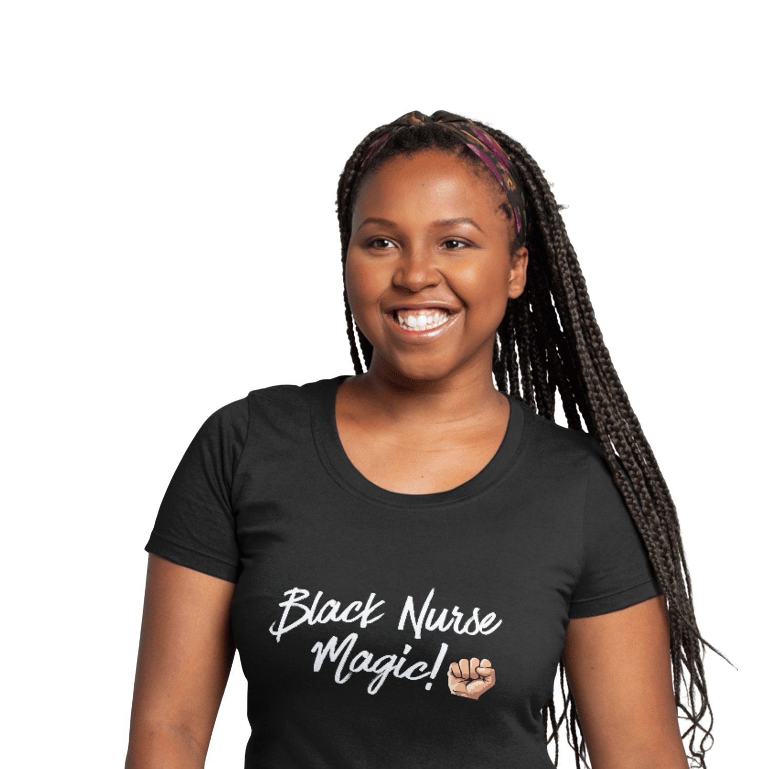 Smiling woman wearing a T-shirt that says 'Black Nurse Magic!' promoting comfort and style.