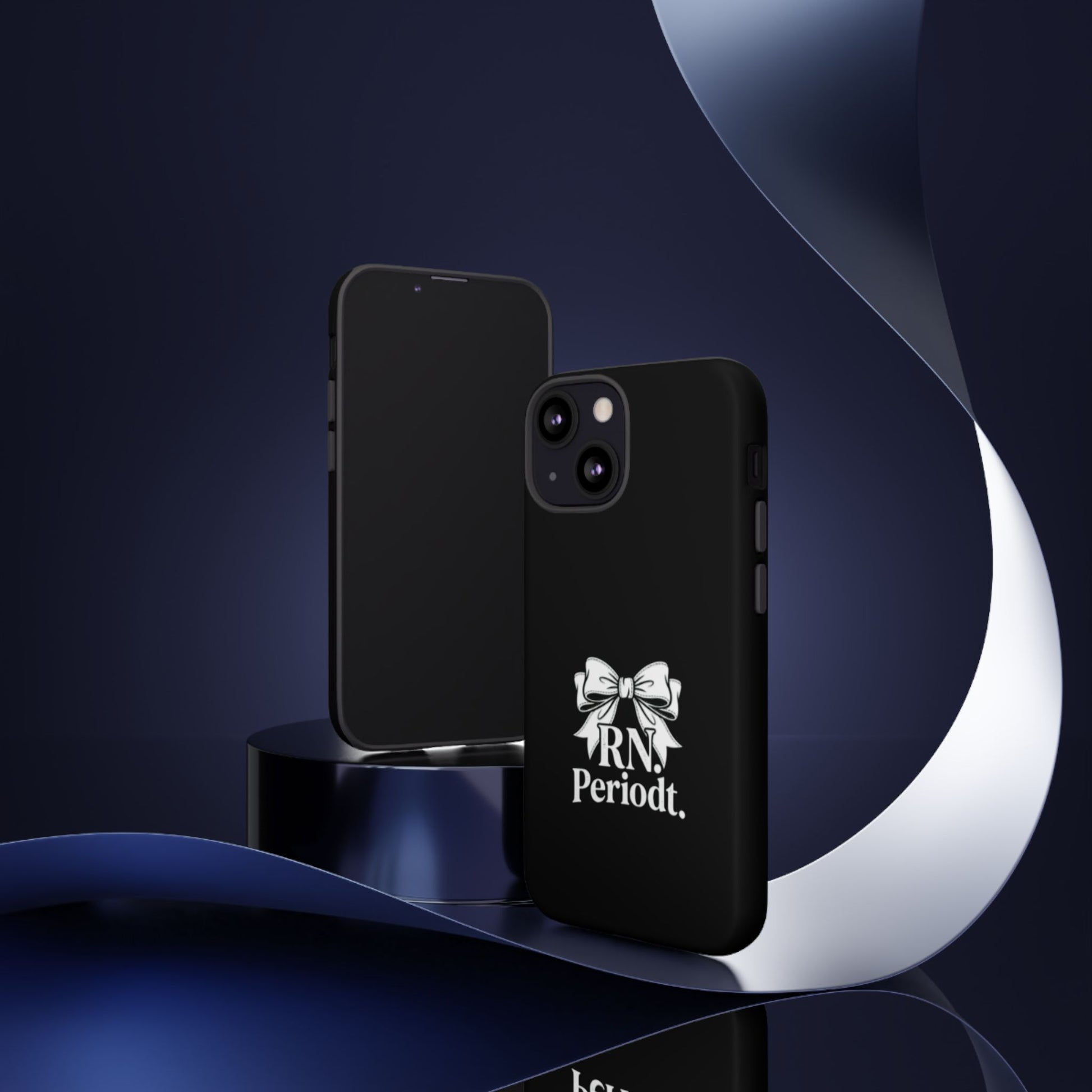 Front view of RN Phone Case with bold white bow print