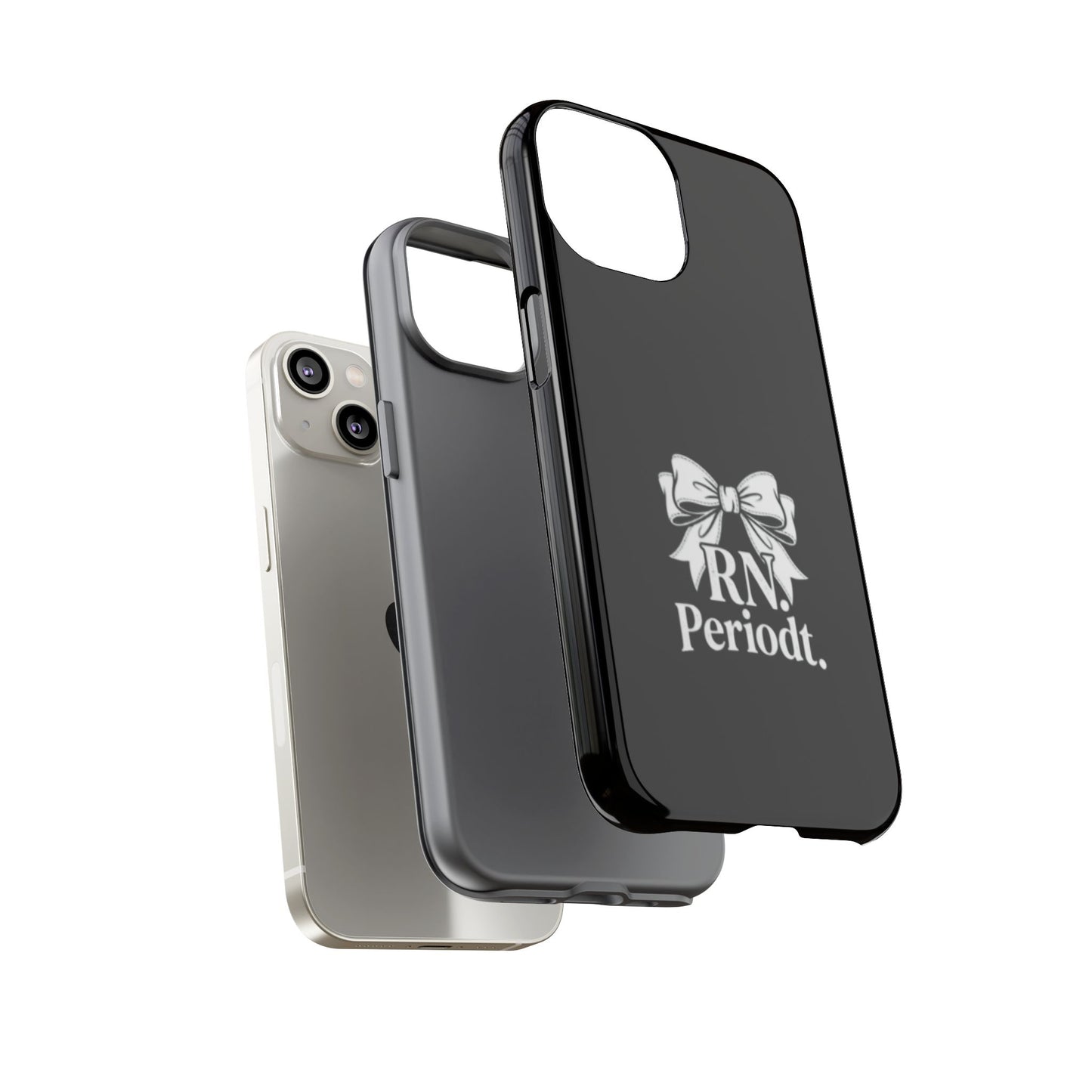 Front view of RN Phone Case with bold white bow print