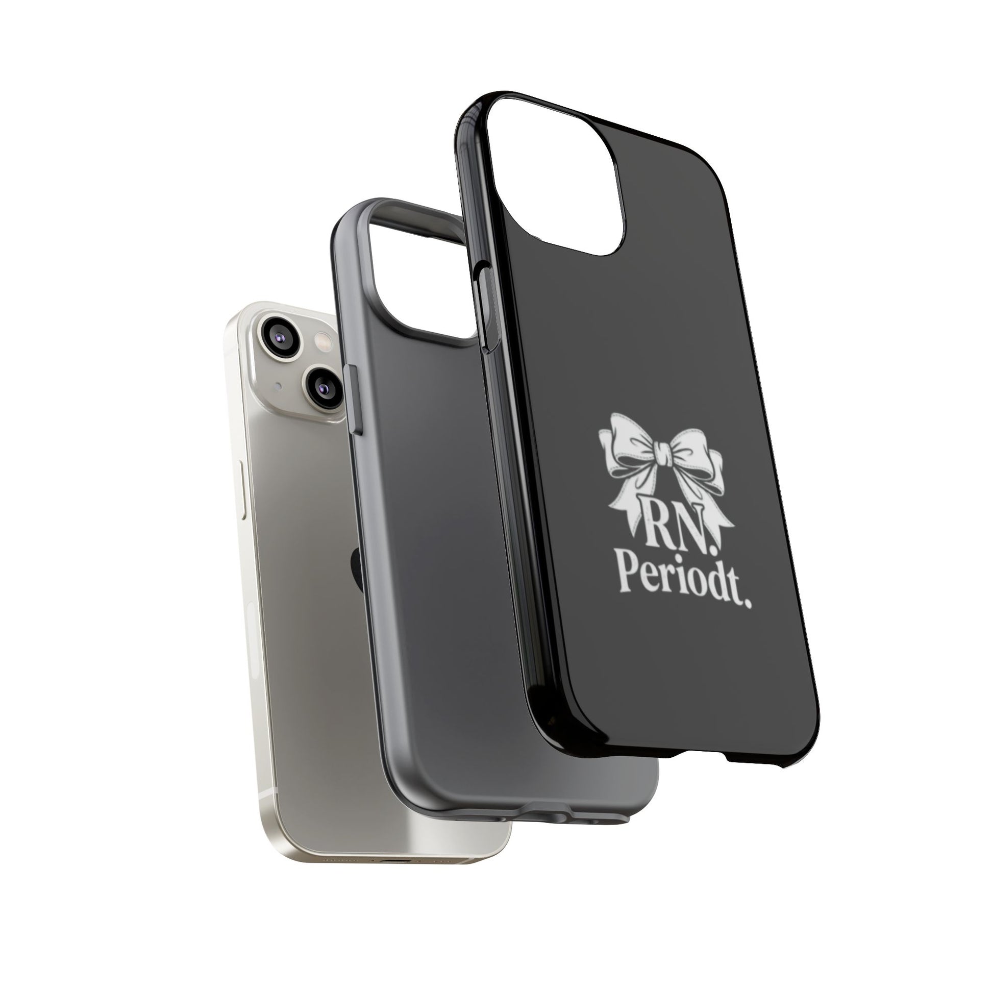 Front view of RN Phone Case with bold white bow print