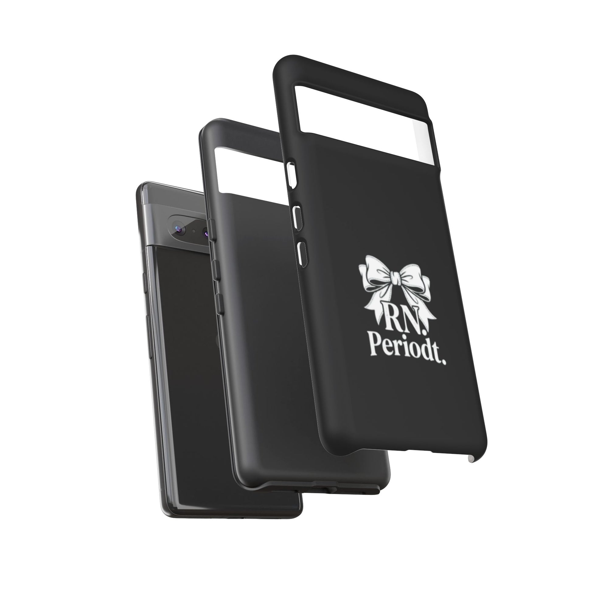 Front view of RN Phone Case with bold white bow print