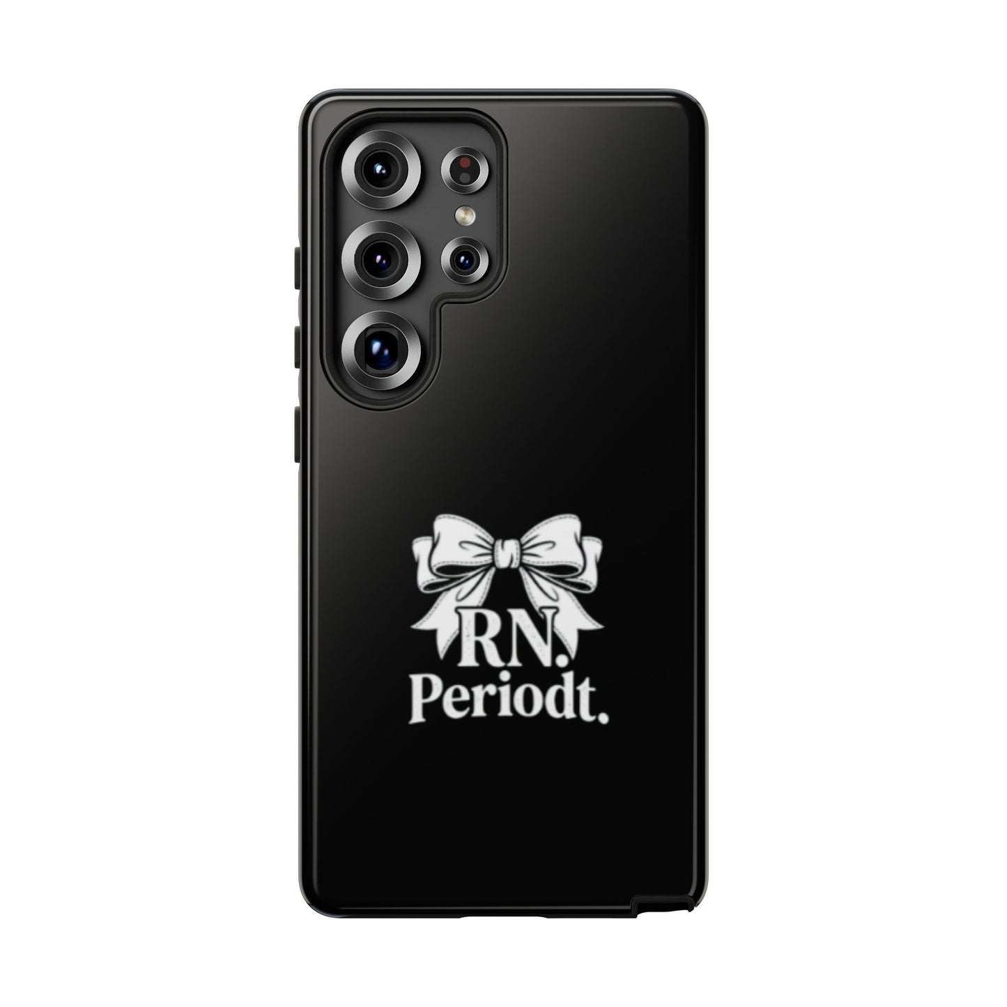 Front view of RN Phone Case with bold white bow print