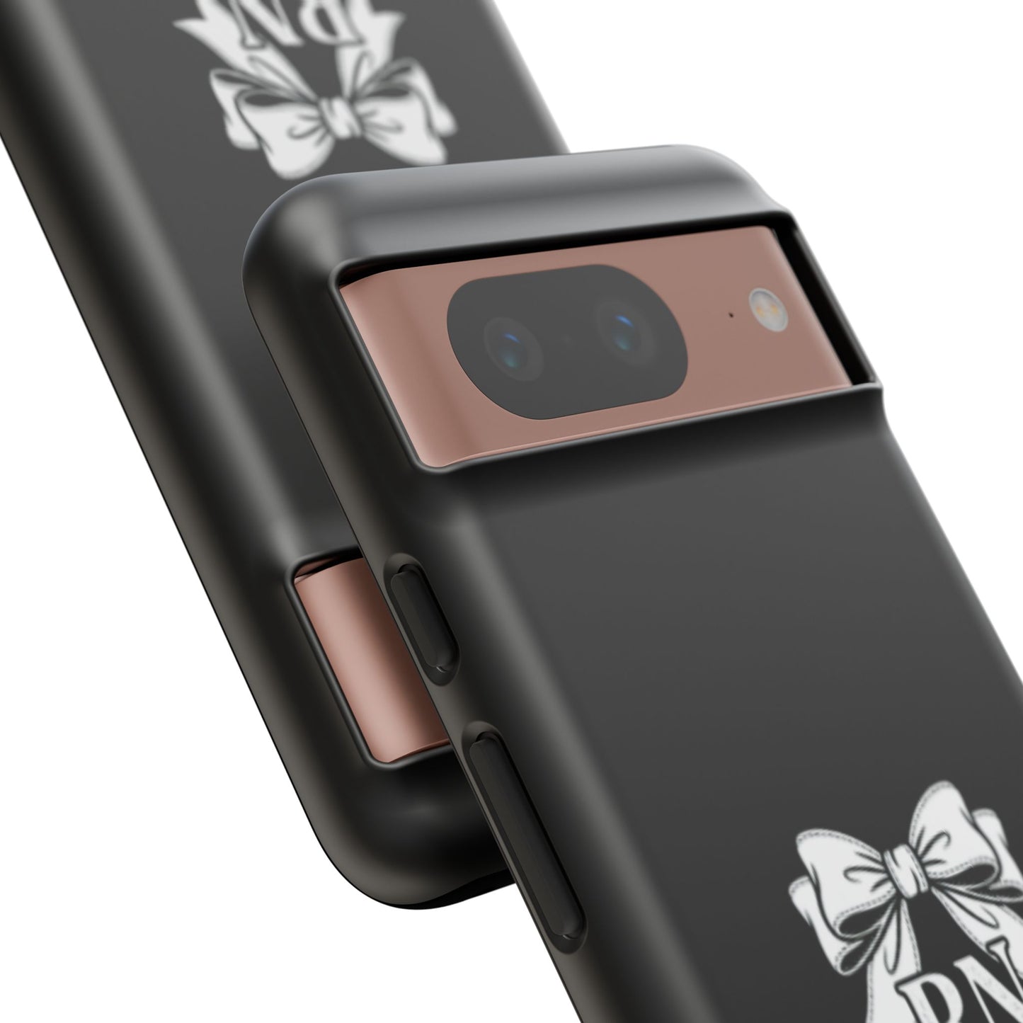 Front view of RN Phone Case with bold white bow print