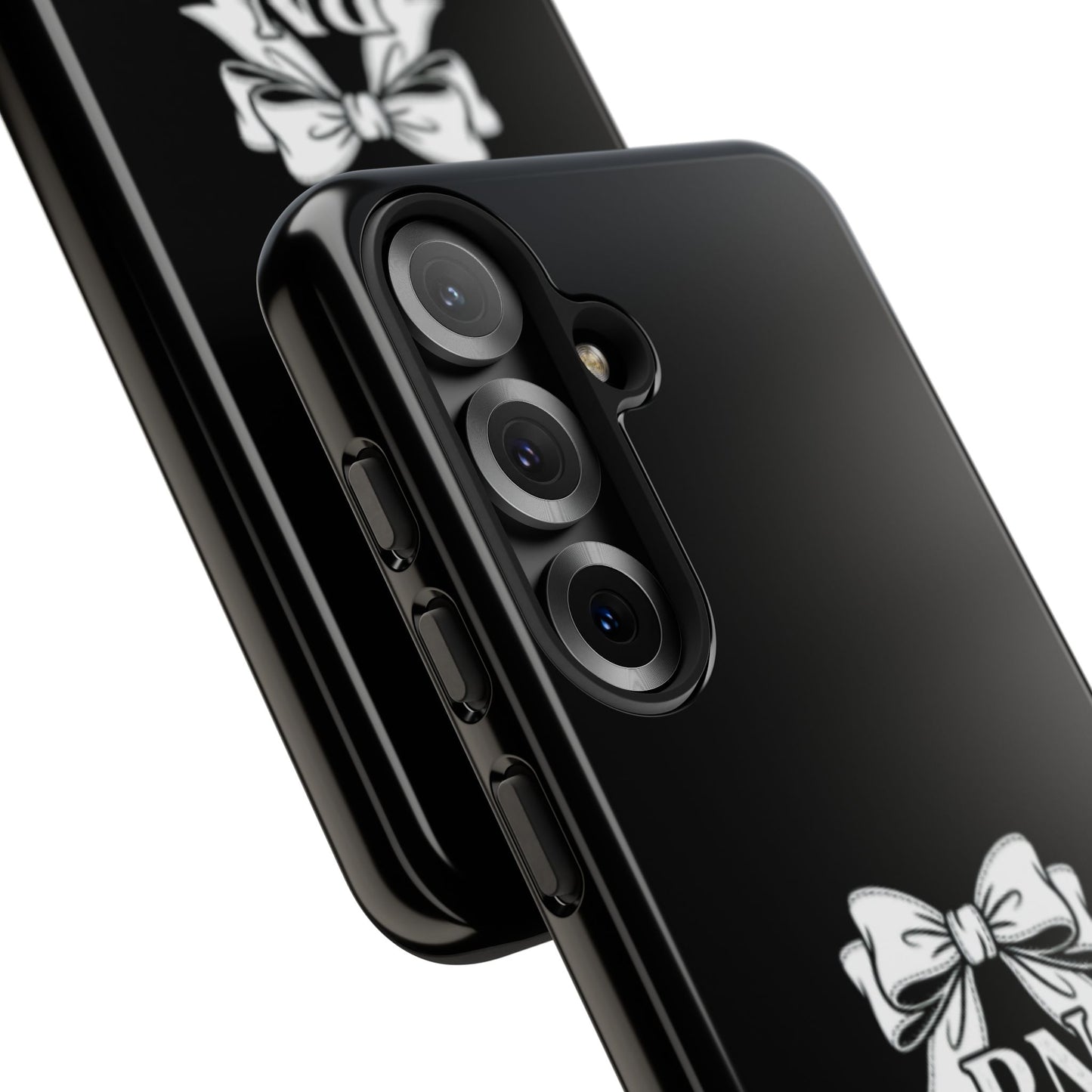 Front view of RN Phone Case with bold white bow print