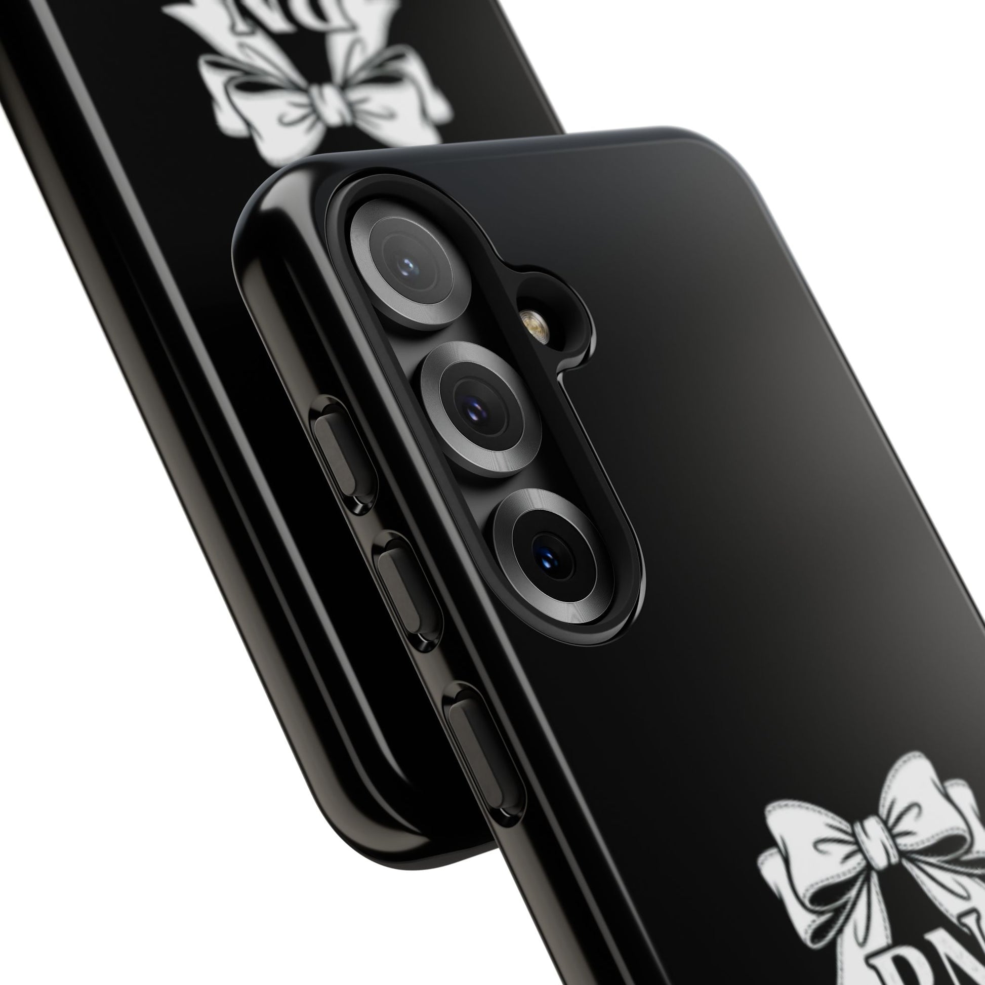 Front view of RN Phone Case with bold white bow print