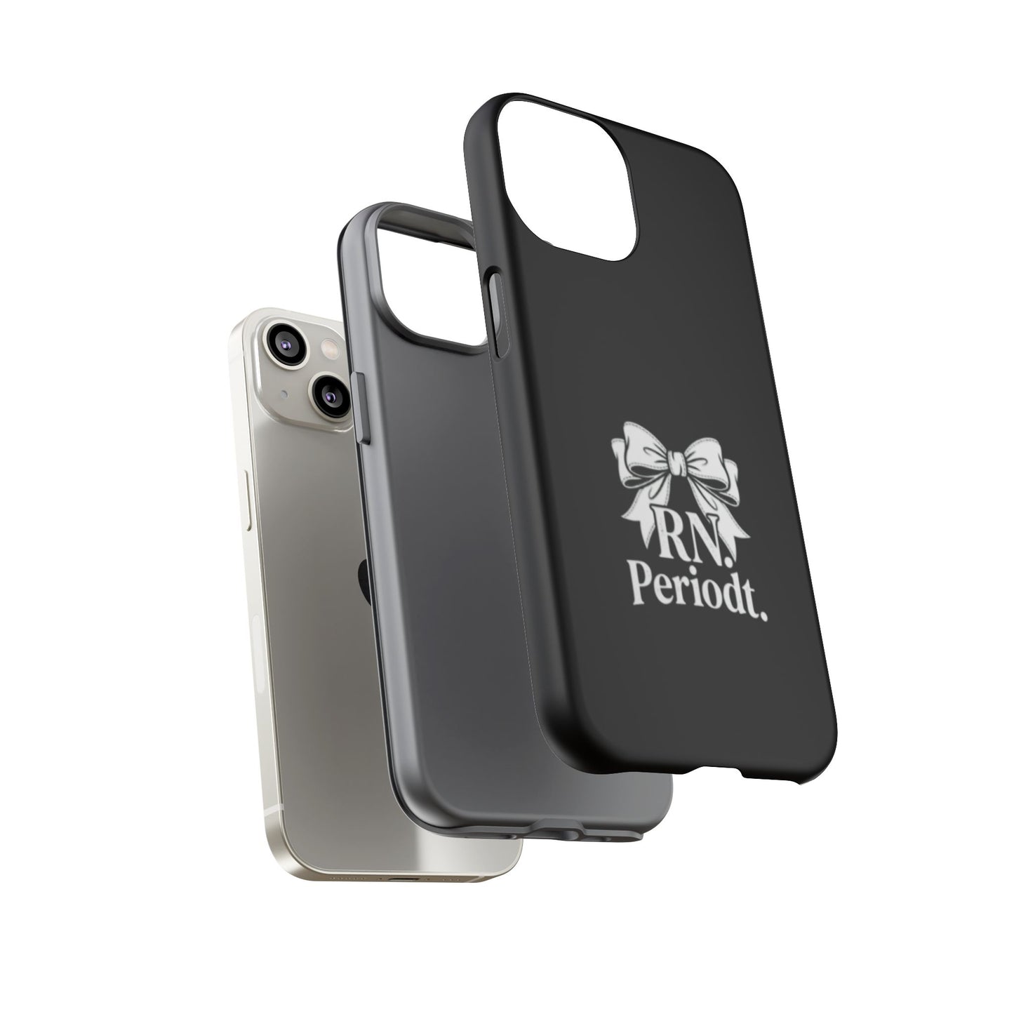 Front view of RN Phone Case with bold white bow print