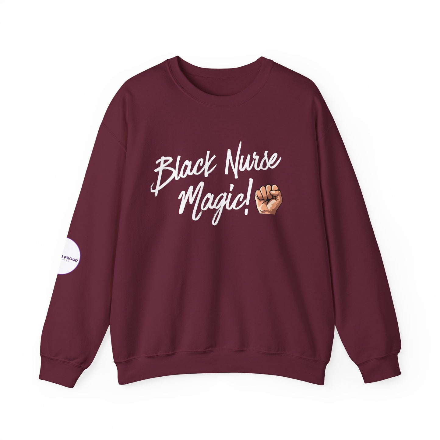 Side view of Black Nurse Sweatshirt with crewneck and ribbed cuffs
