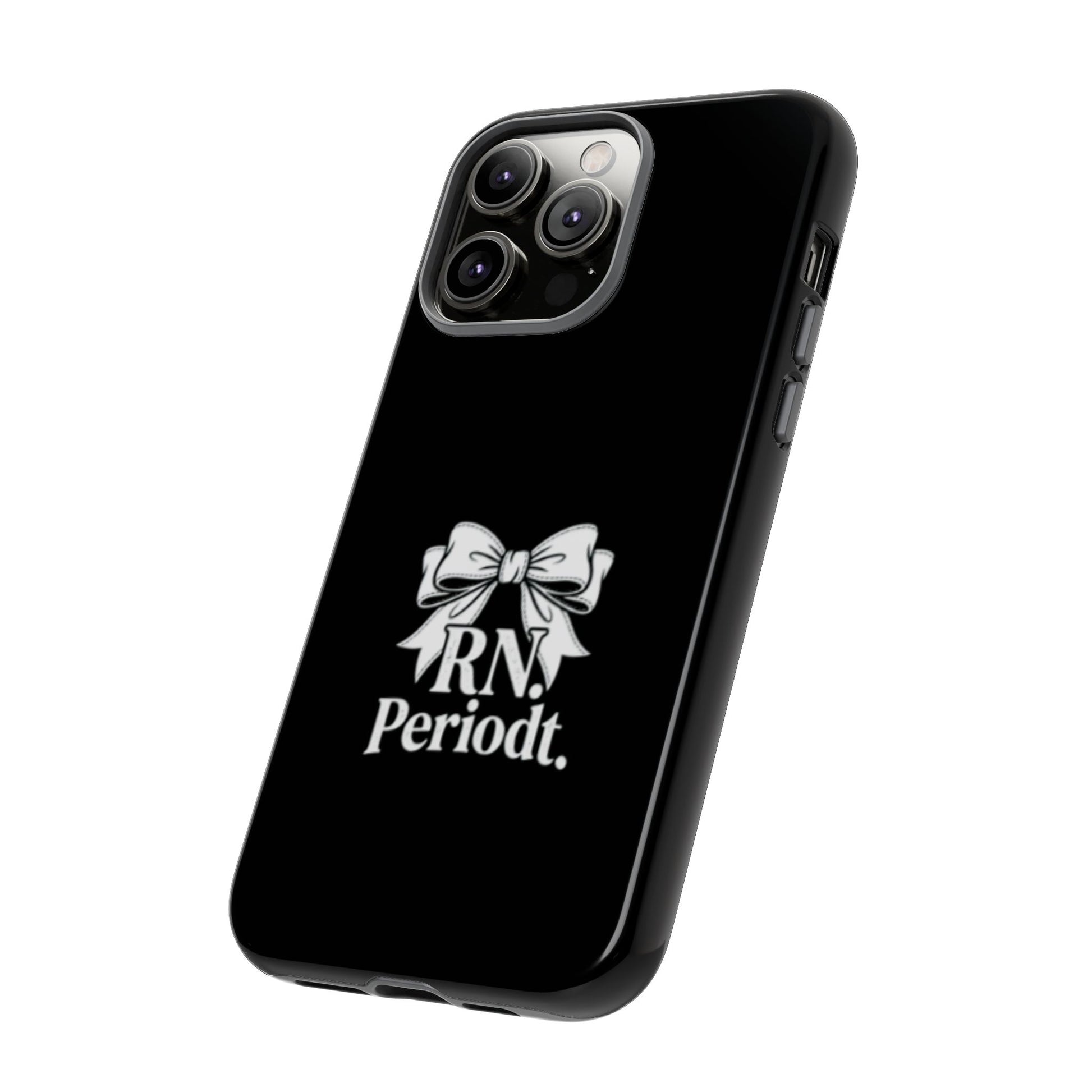 Front view of RN Phone Case with bold white bow print