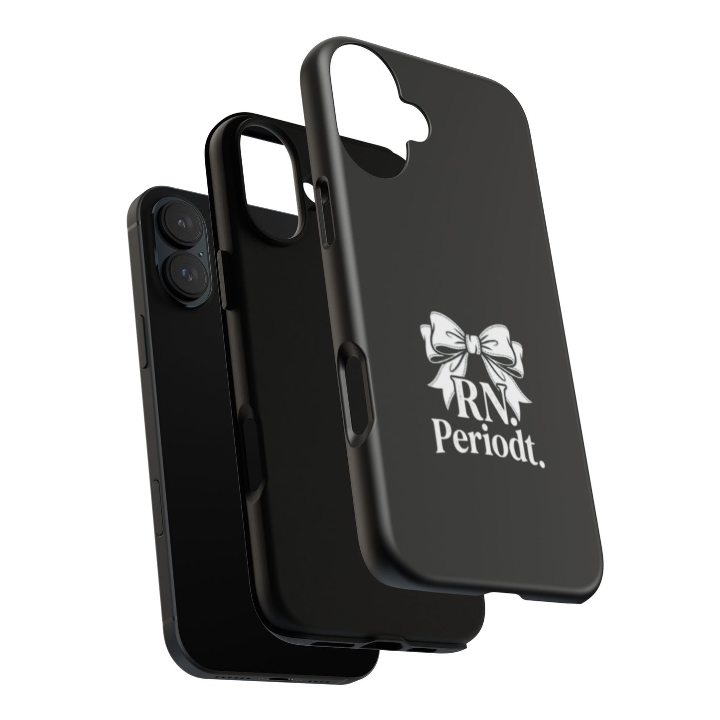 Front view of RN Phone Case with bold white bow print