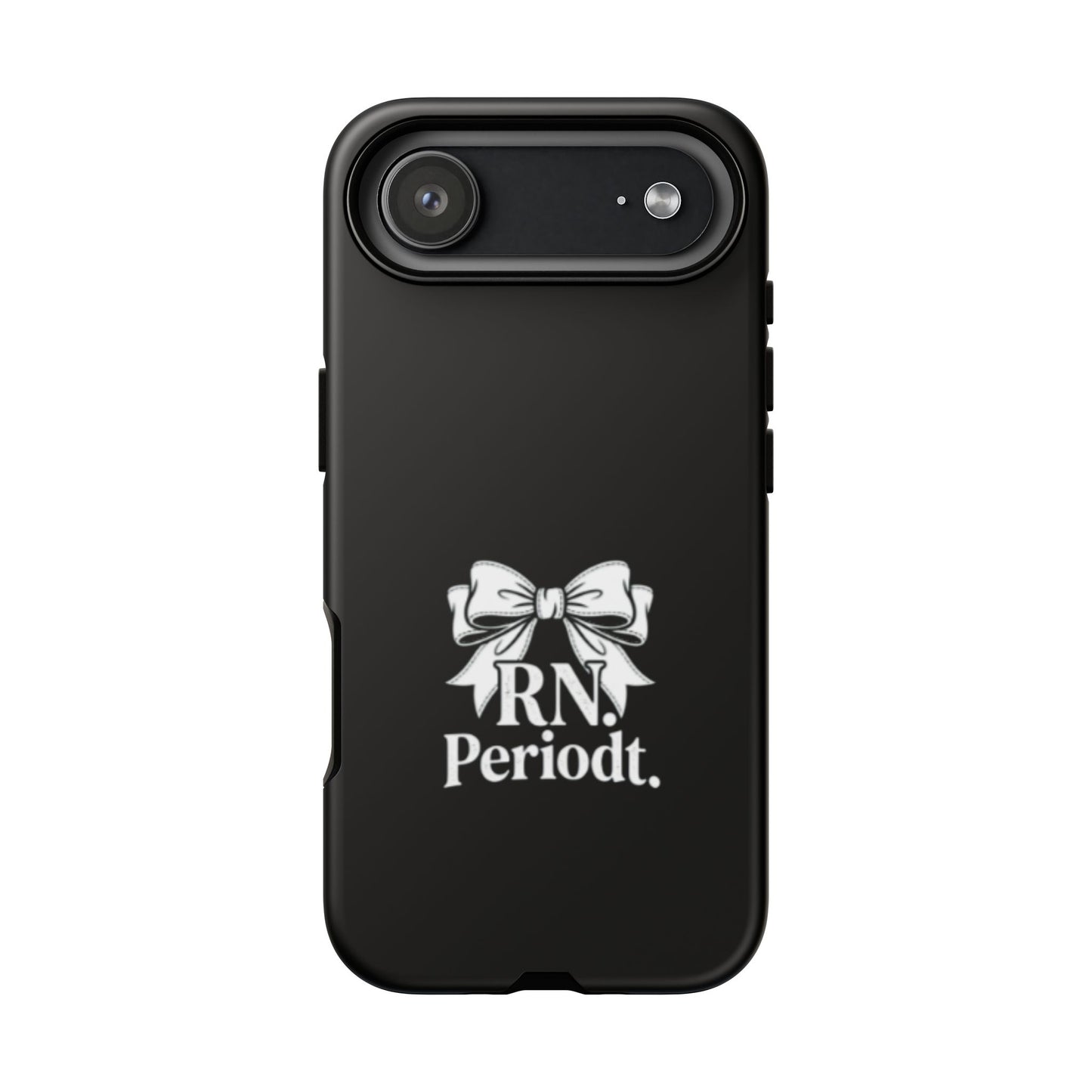 Front view of RN Phone Case with bold white bow print