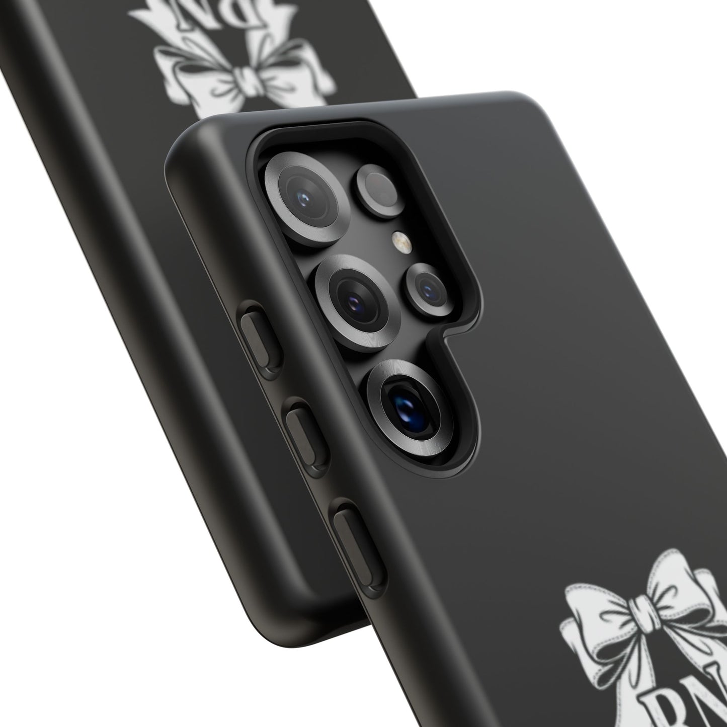 Front view of RN Phone Case with bold white bow print