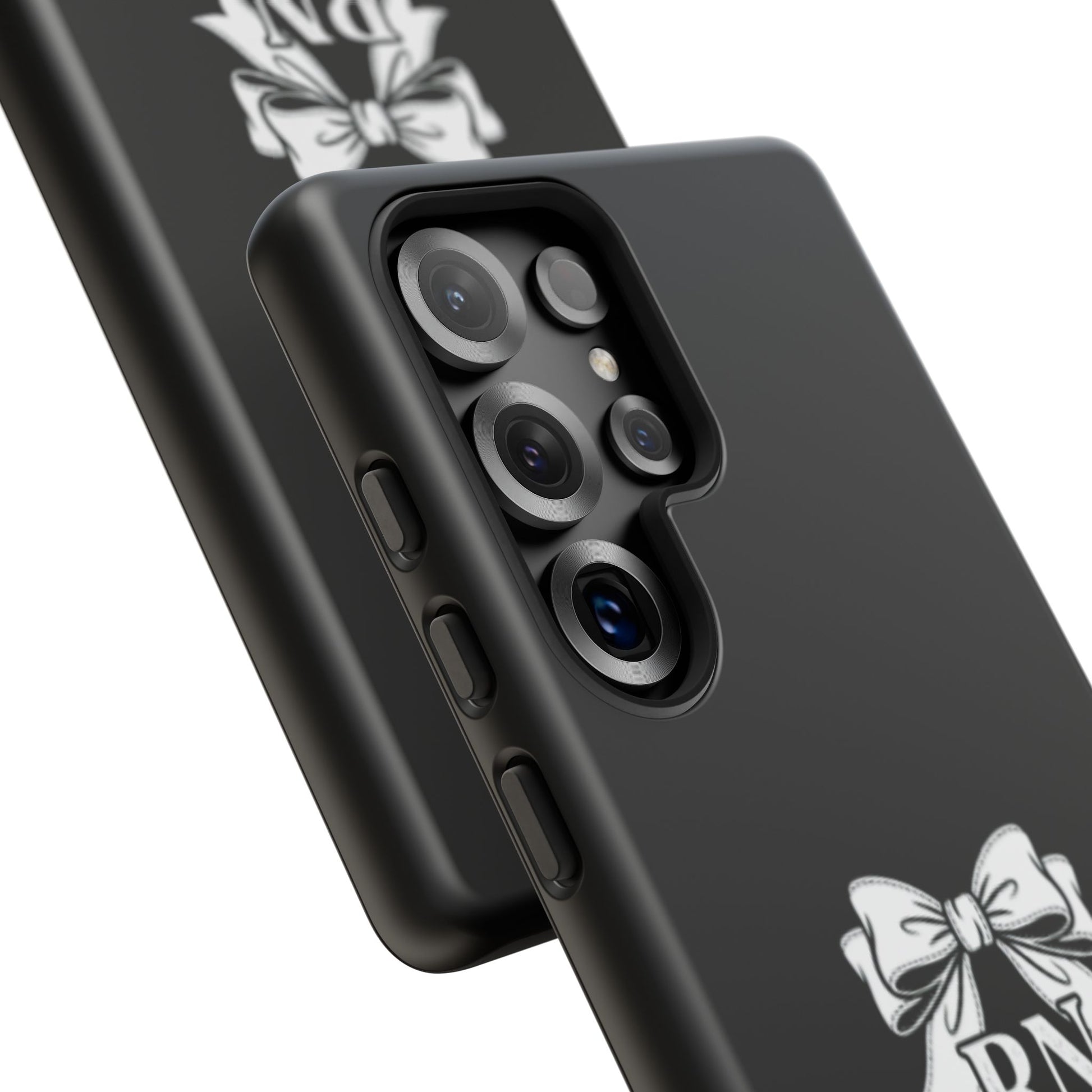 Front view of RN Phone Case with bold white bow print