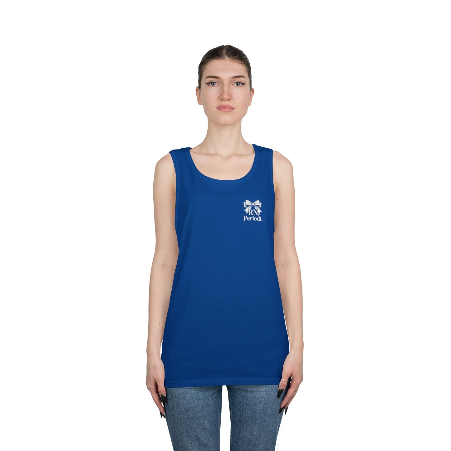 Bow Logo Tank Top worn layered under open shirt style