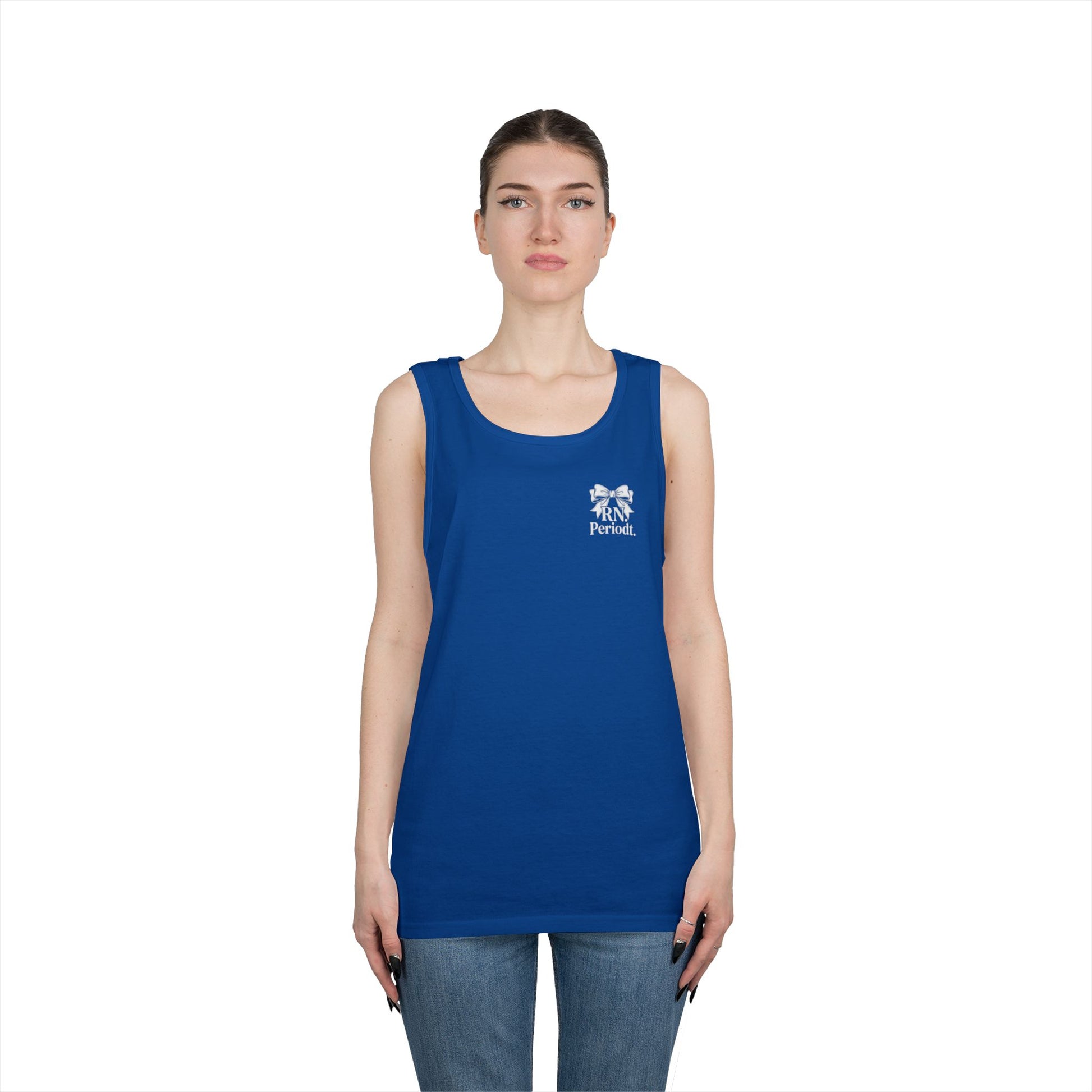 Bow Logo Tank Top worn layered under open shirt style