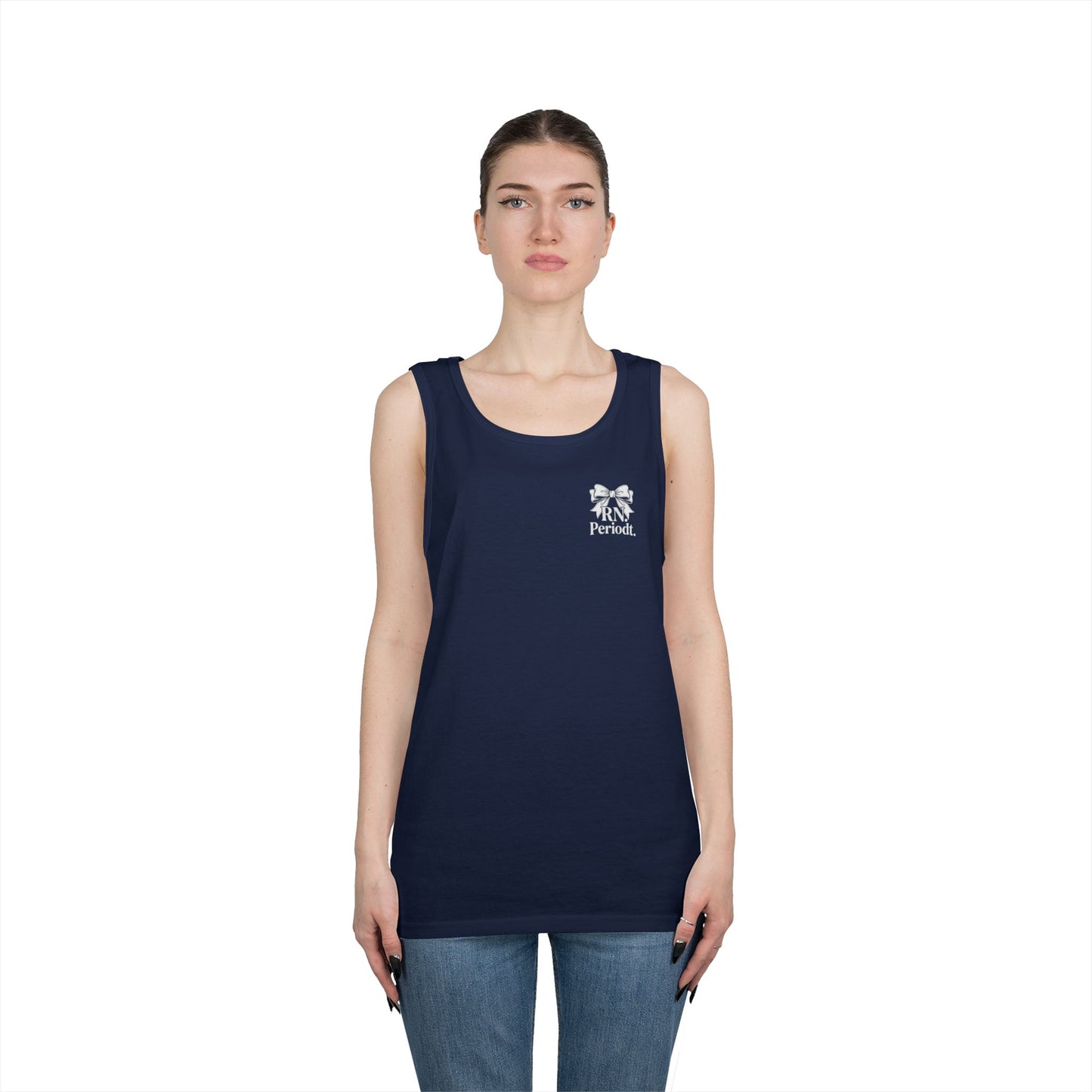 Bow Logo Tank Top worn layered under open shirt style