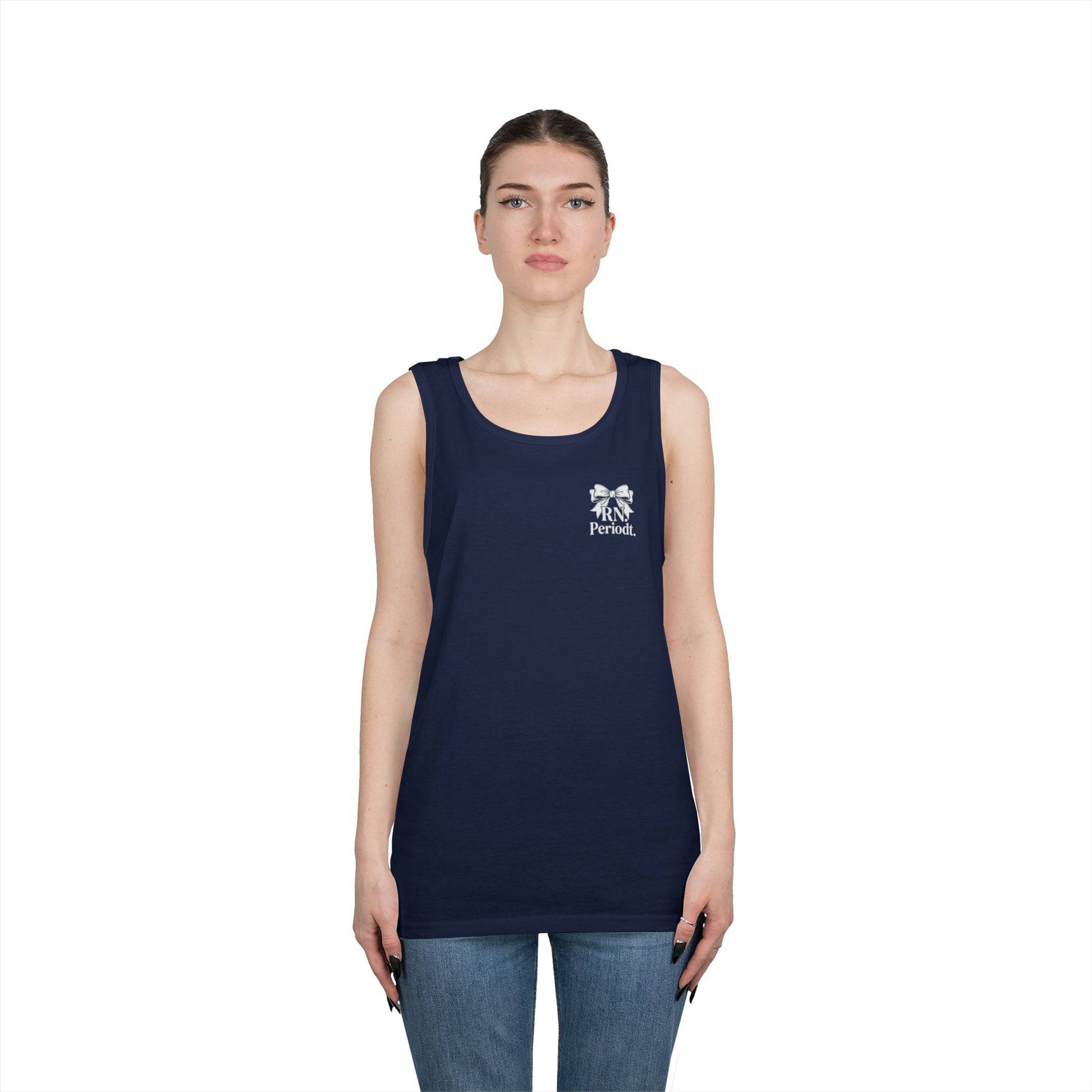 Bow Logo Tank Top worn layered under open shirt style