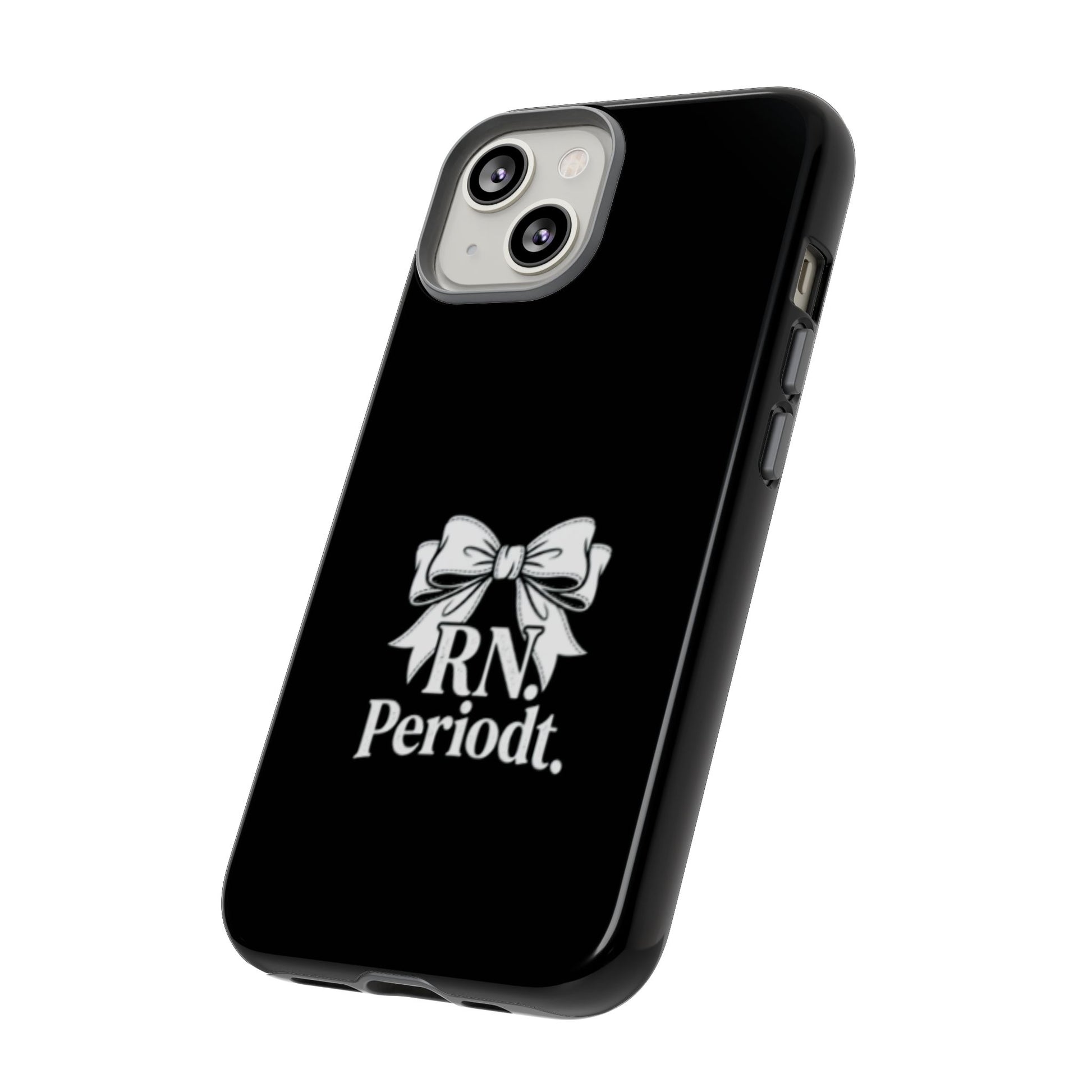 Front view of RN Phone Case with bold white bow print