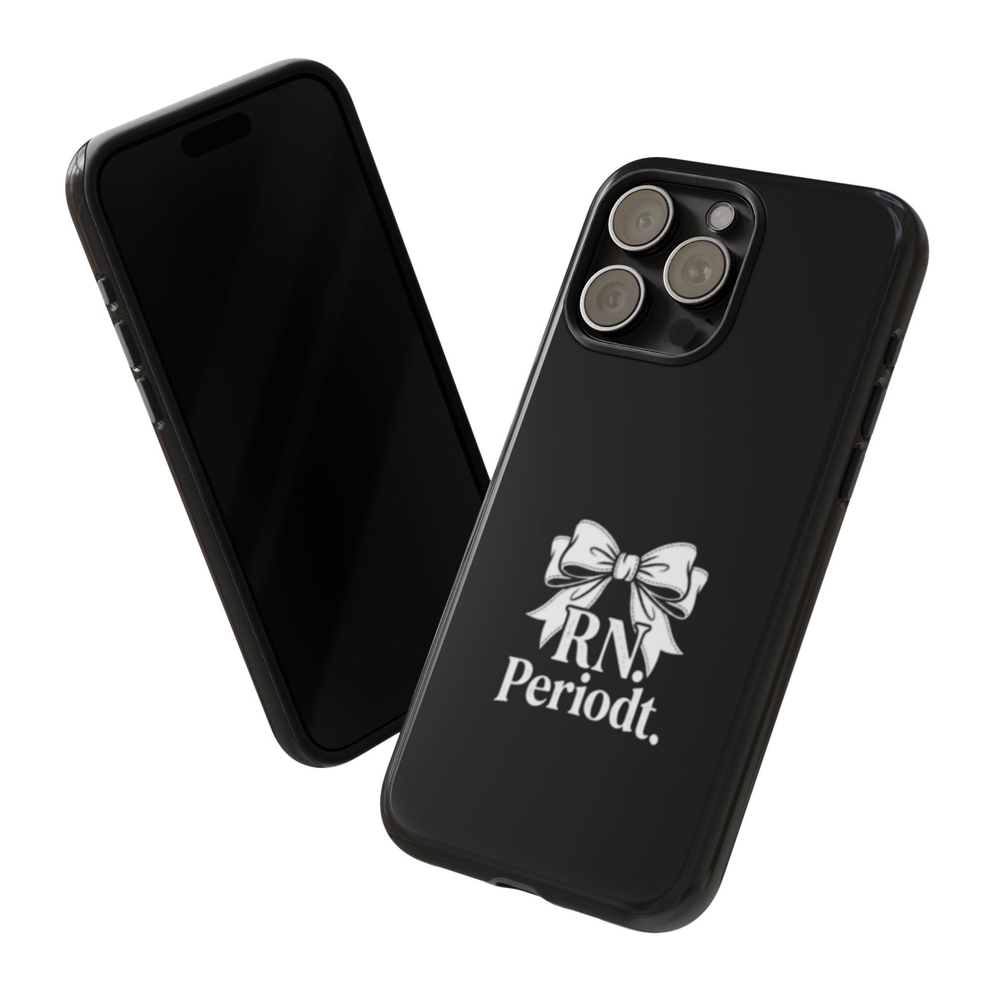 Front view of RN Phone Case with bold white bow print