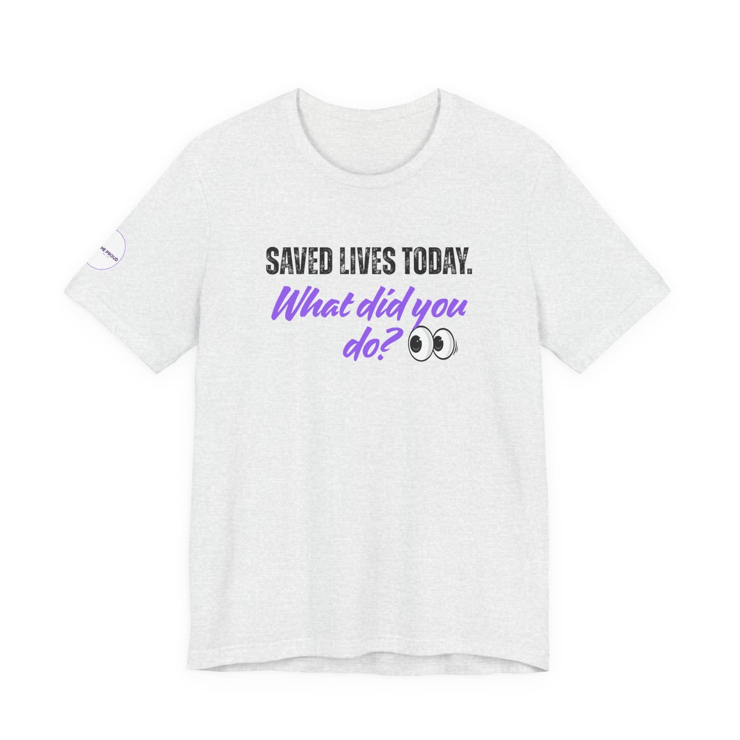 Close-up of Saved Lives Today T-Shirt print with lavender script detail