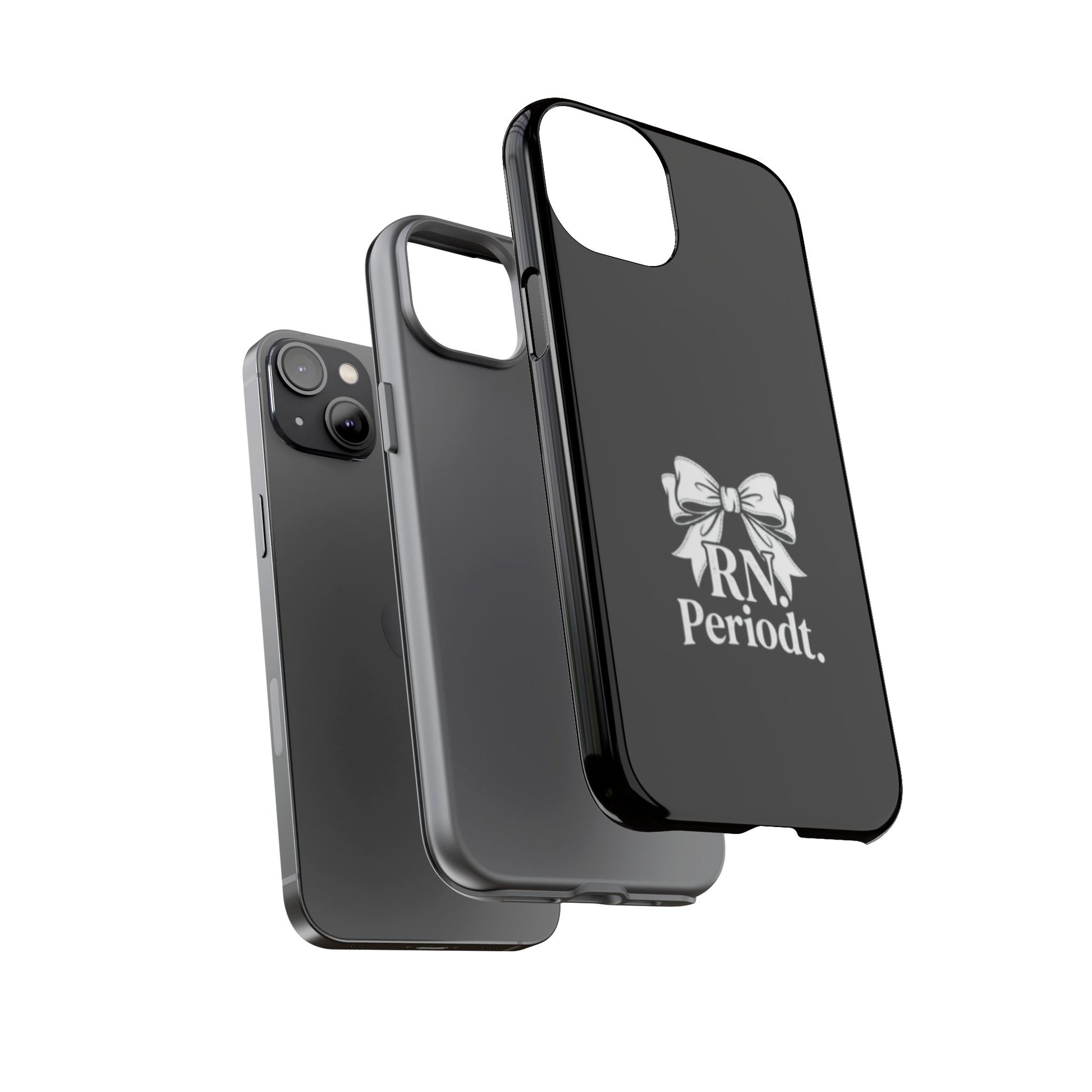 Front view of RN Phone Case with bold white bow print