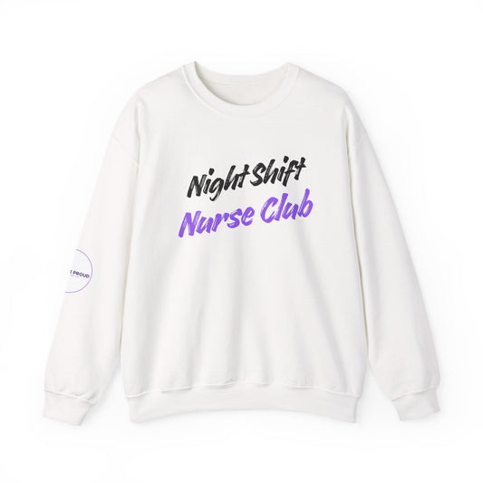 Night Shift Nurse Sweatshirt with purple-accented "Night Shift Nurse Club" lettering