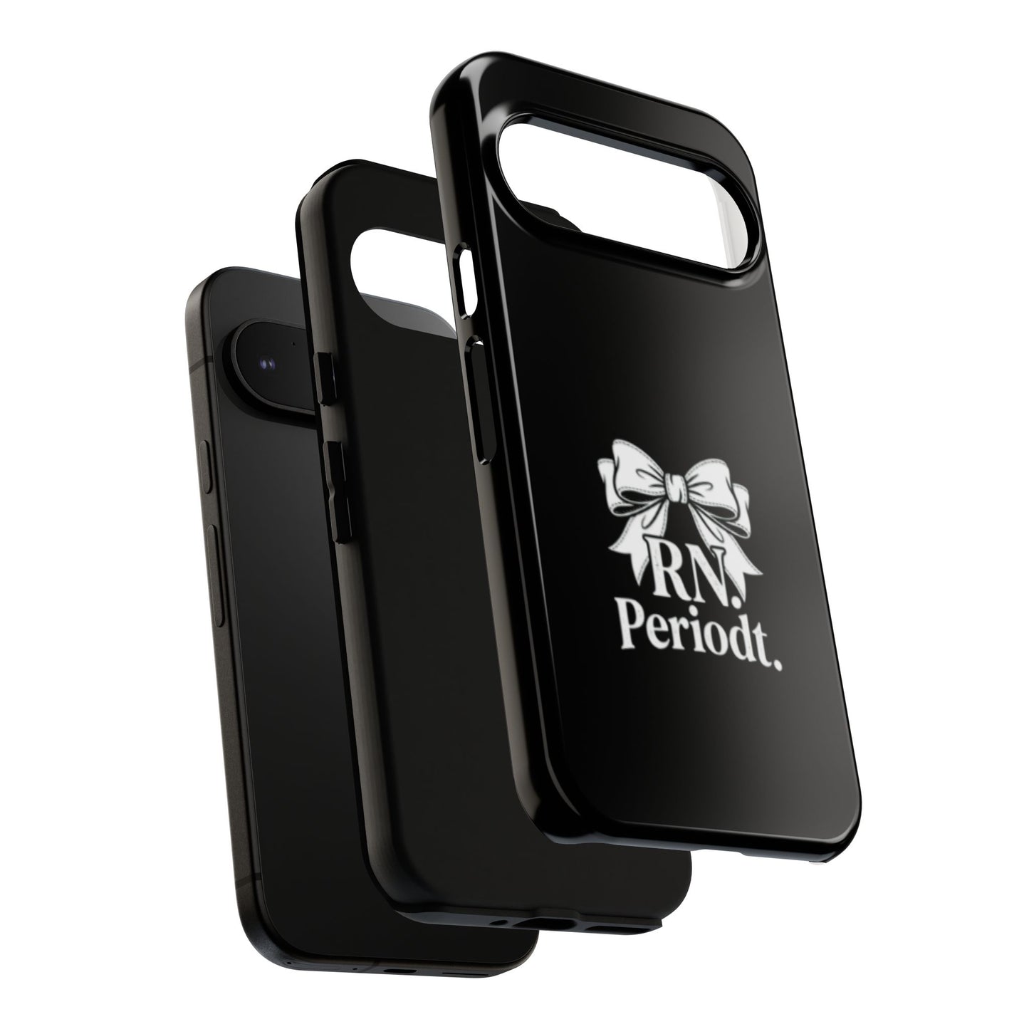 Front view of RN Phone Case with bold white bow print