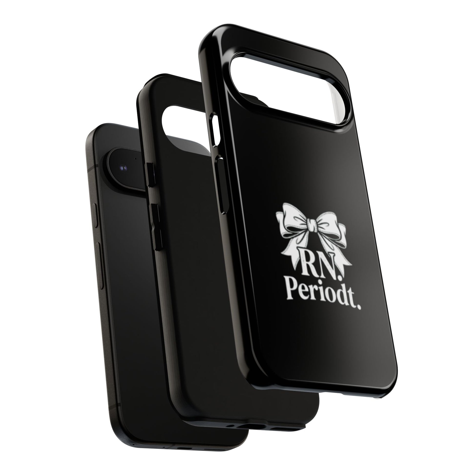 Front view of RN Phone Case with bold white bow print
