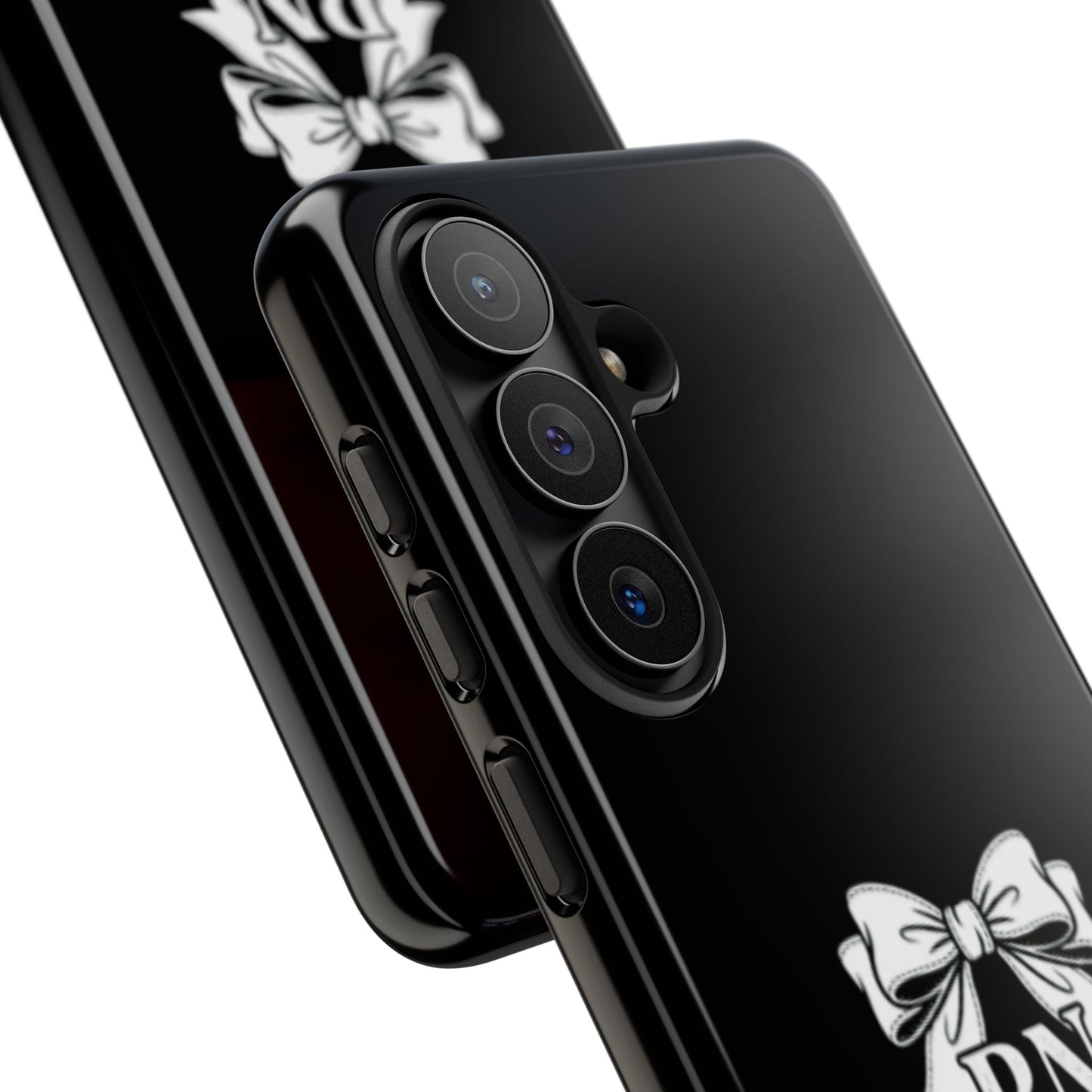 Front view of RN Phone Case with bold white bow print