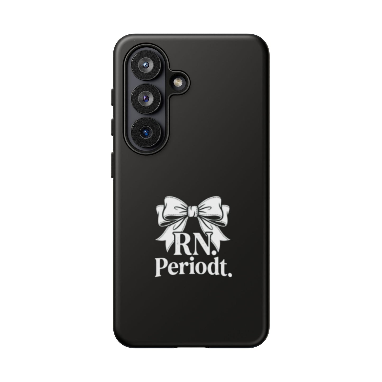 Front view of RN Phone Case with bold white bow print