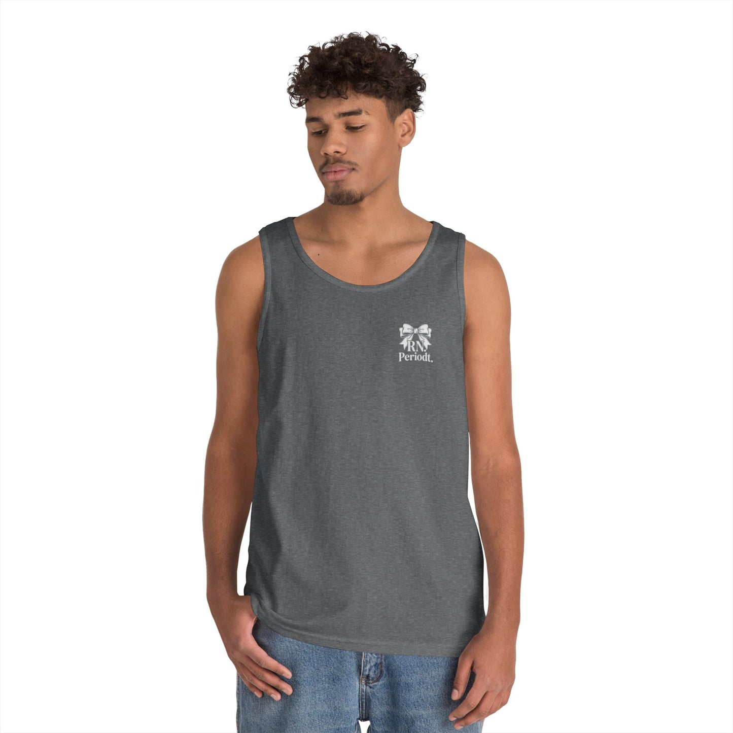 Bow Logo Tank Top worn layered under open shirt style