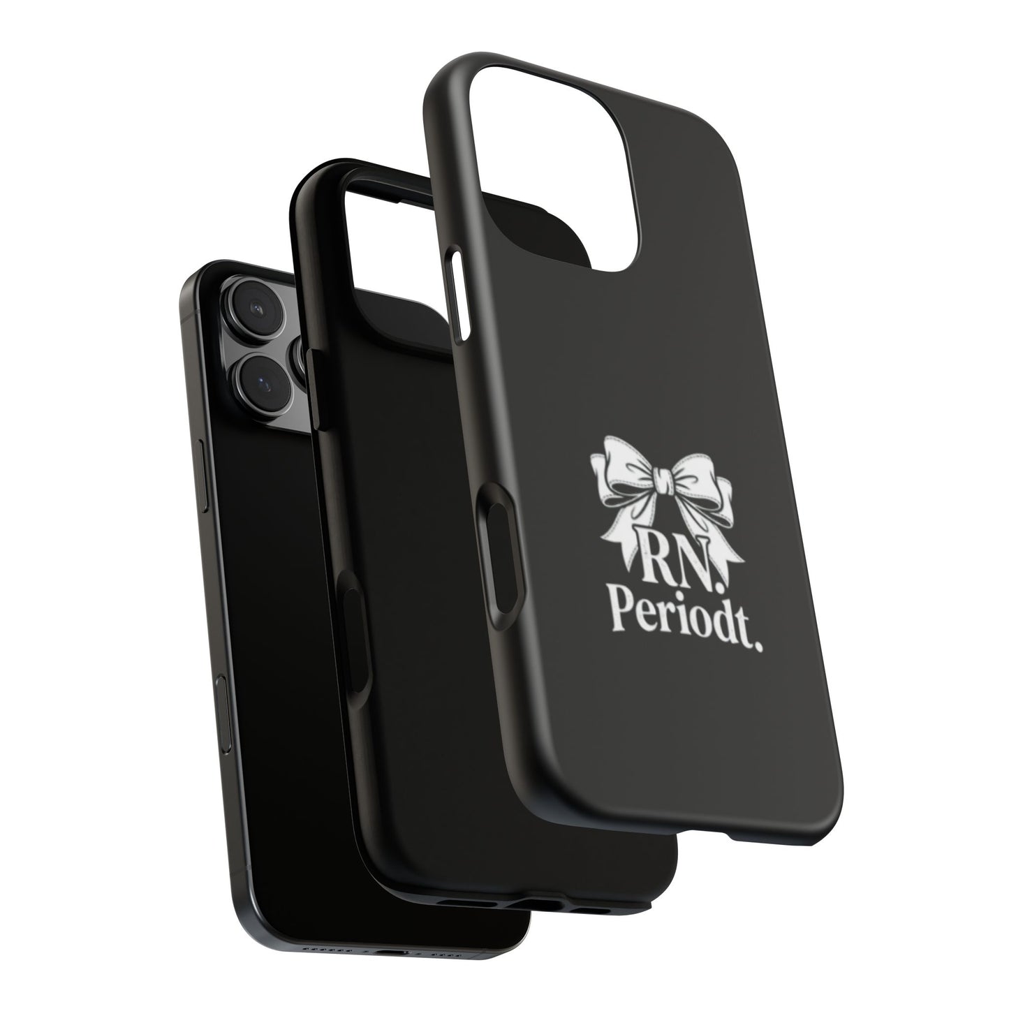 Front view of RN Phone Case with bold white bow print