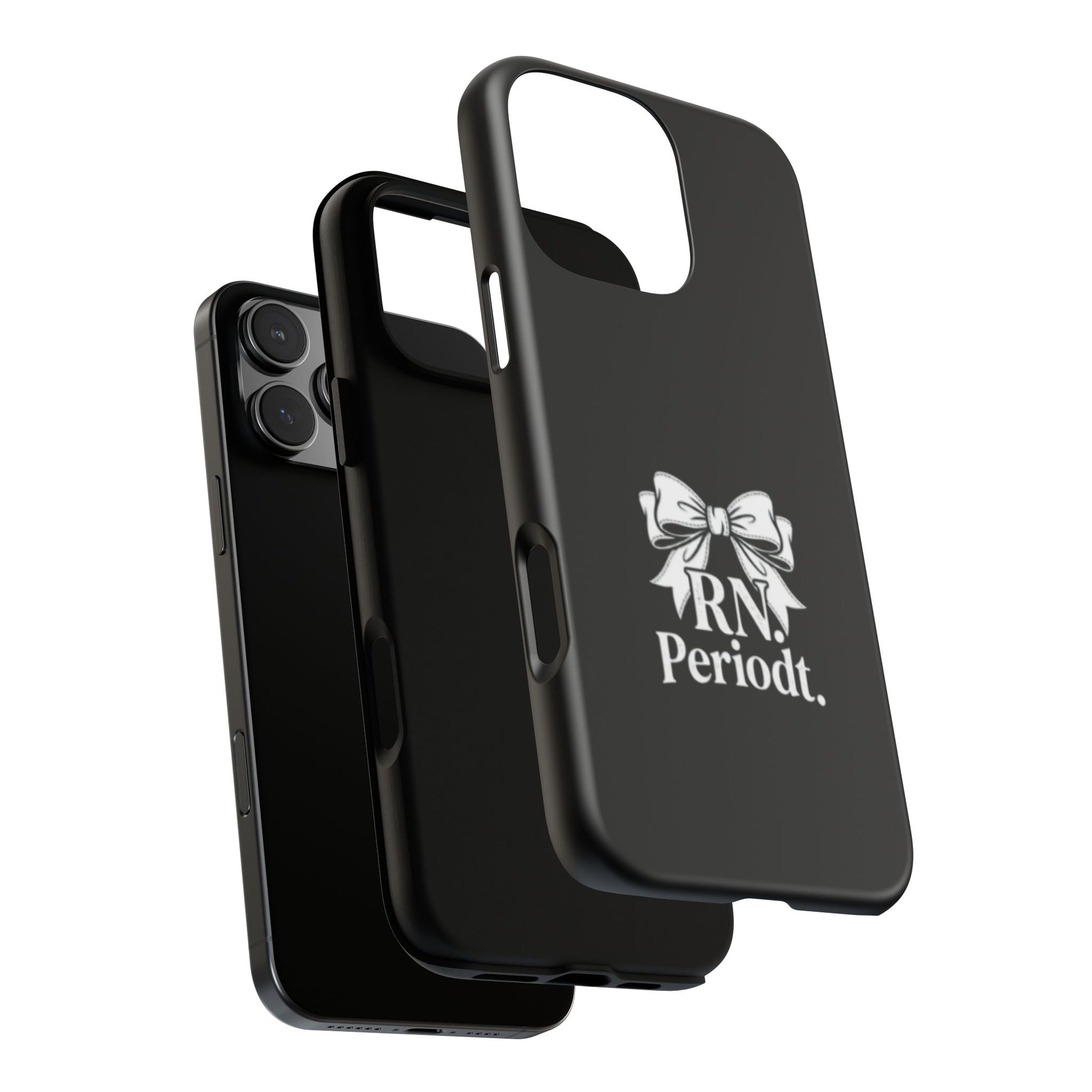 Front view of RN Phone Case with bold white bow print