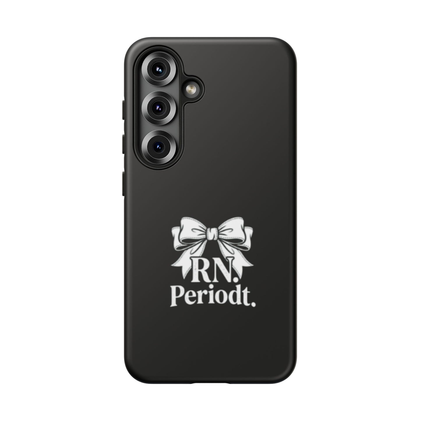 Front view of RN Phone Case with bold white bow print