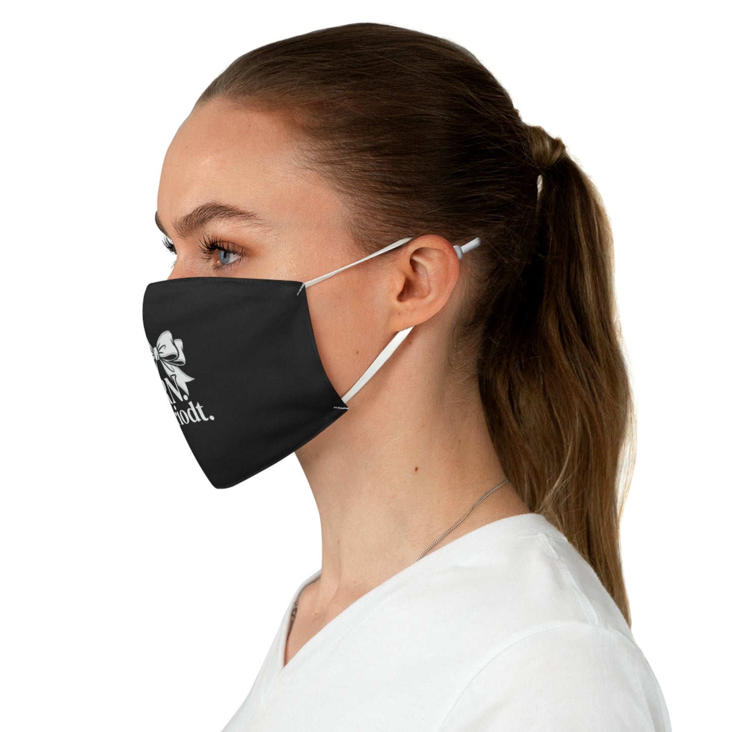 Close-up of RN Face Mask showing bow and text detail