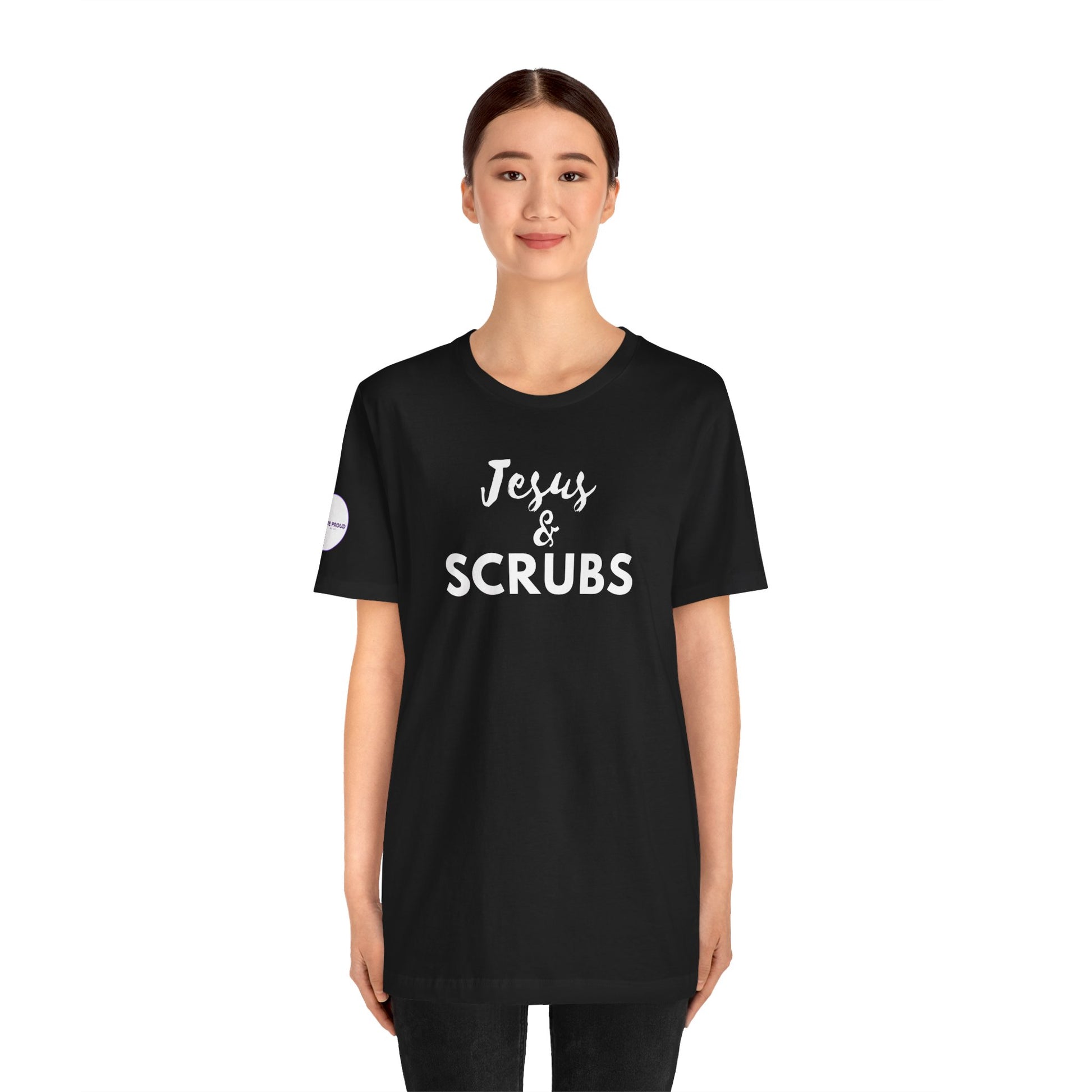 Jesus and Scrubs Nurse T-Shirt showing sleeve print detail