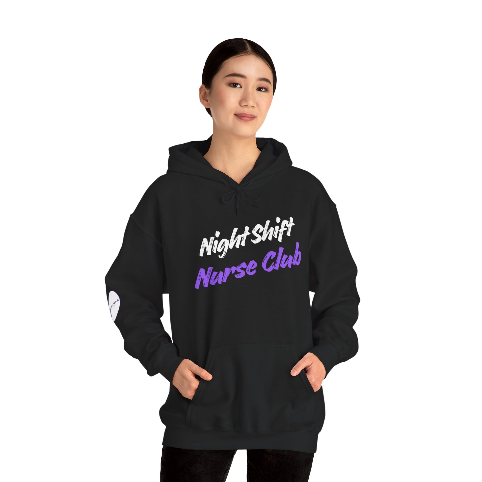 Night Shift Nurse Club Hoodie in white with bold text, perfect for nurses on night shifts.