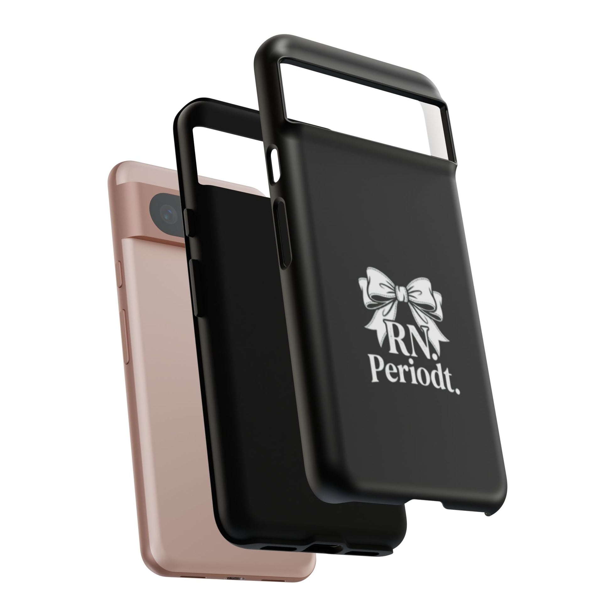 Front view of RN Phone Case with bold white bow print