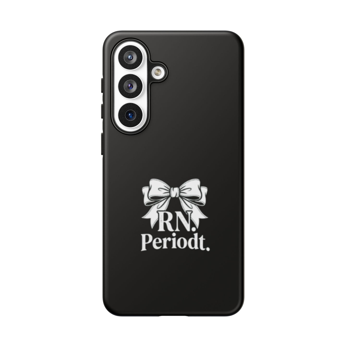 Front view of RN Phone Case with bold white bow print