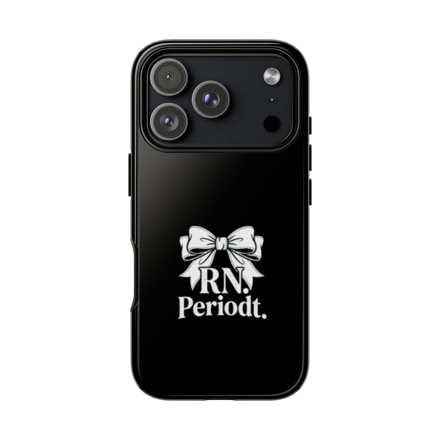 Front view of RN Phone Case with bold white bow print