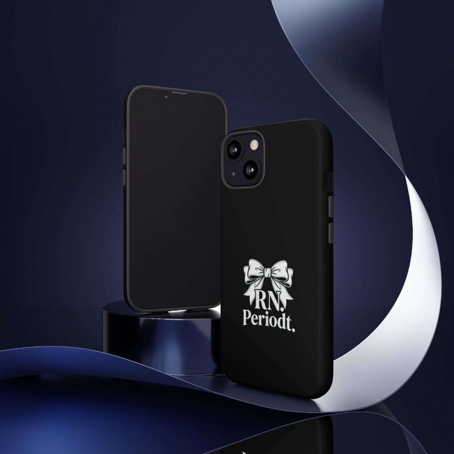 Front view of RN Phone Case with bold white bow print