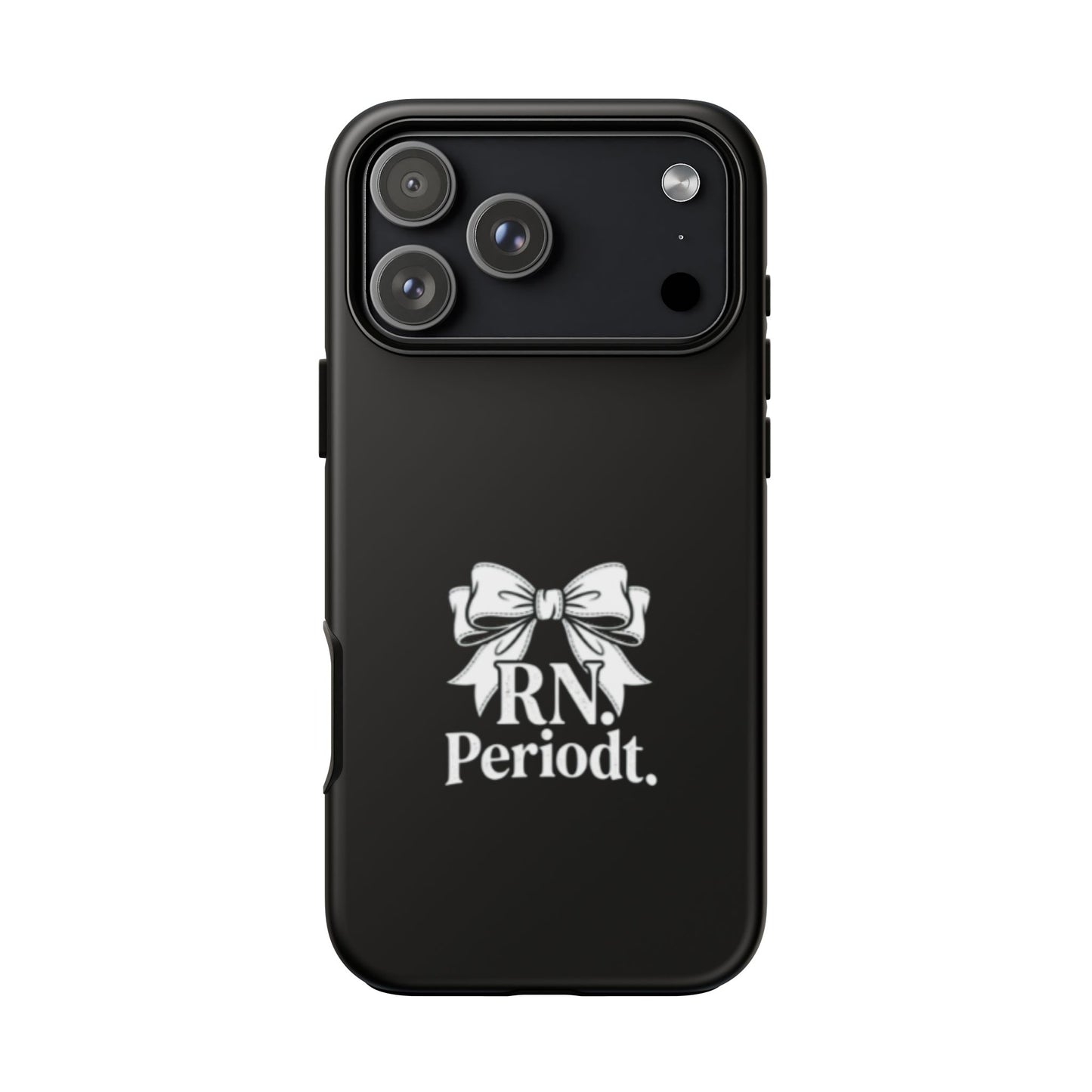 Front view of RN Phone Case with bold white bow print