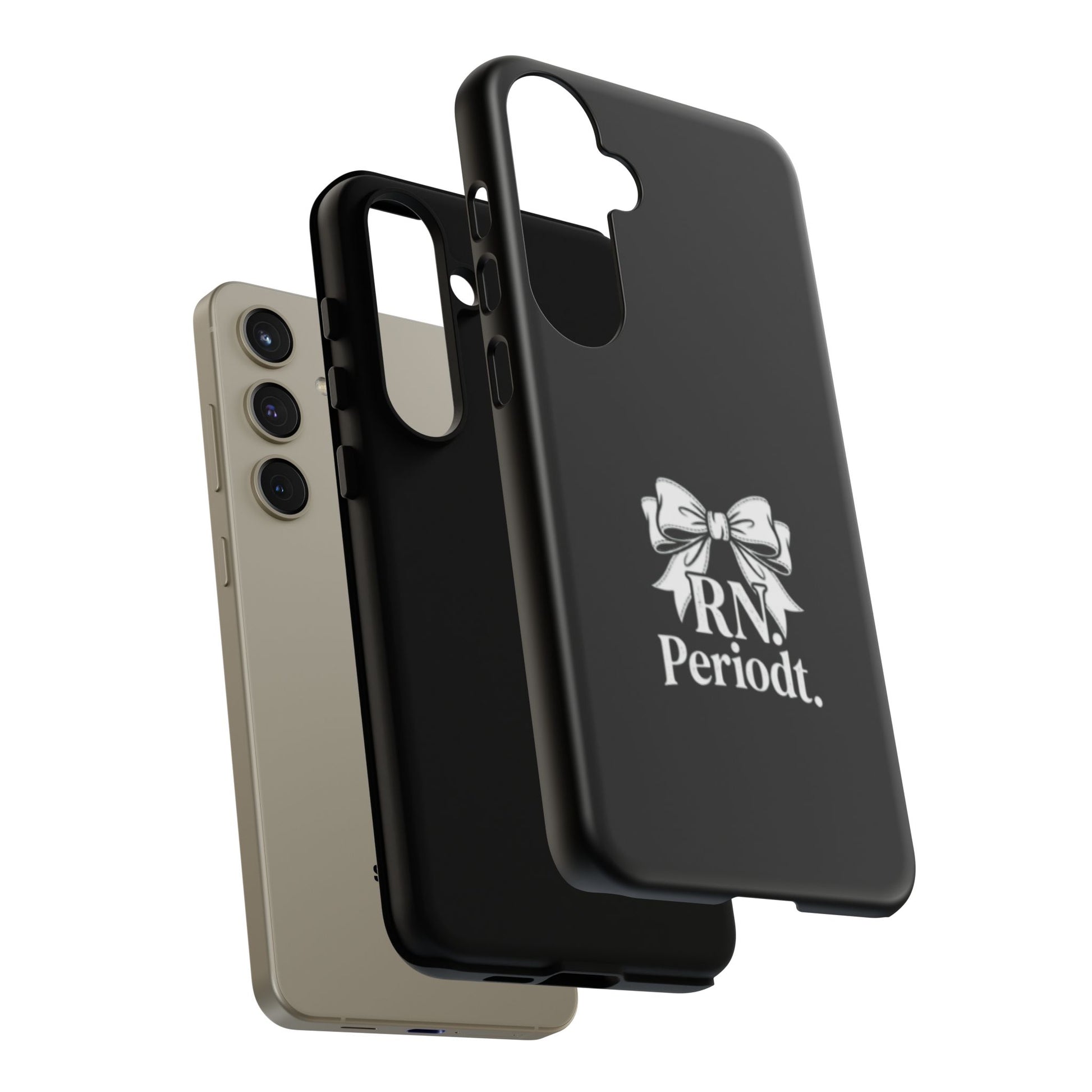 Front view of RN Phone Case with bold white bow print