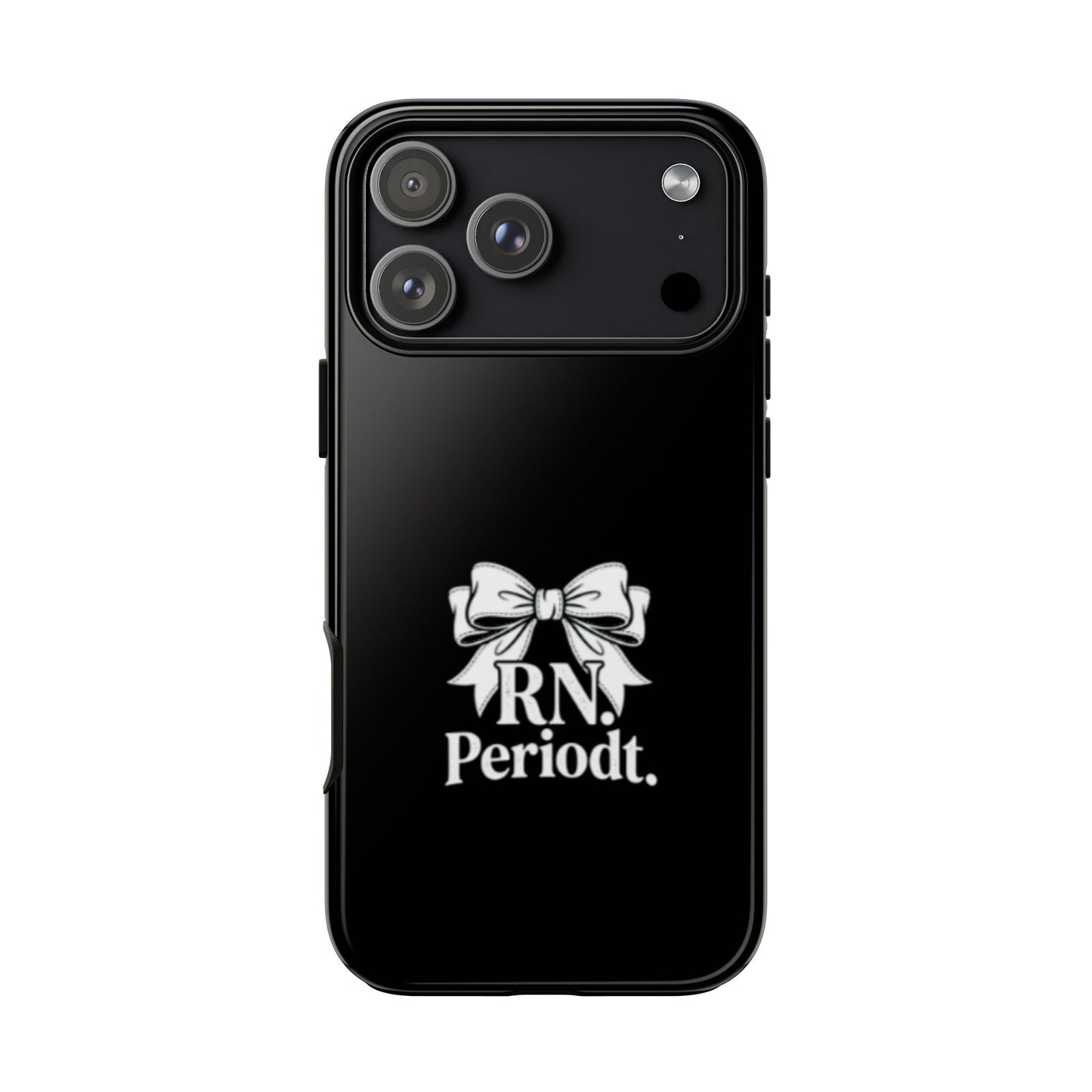 Front view of RN Phone Case with bold white bow print