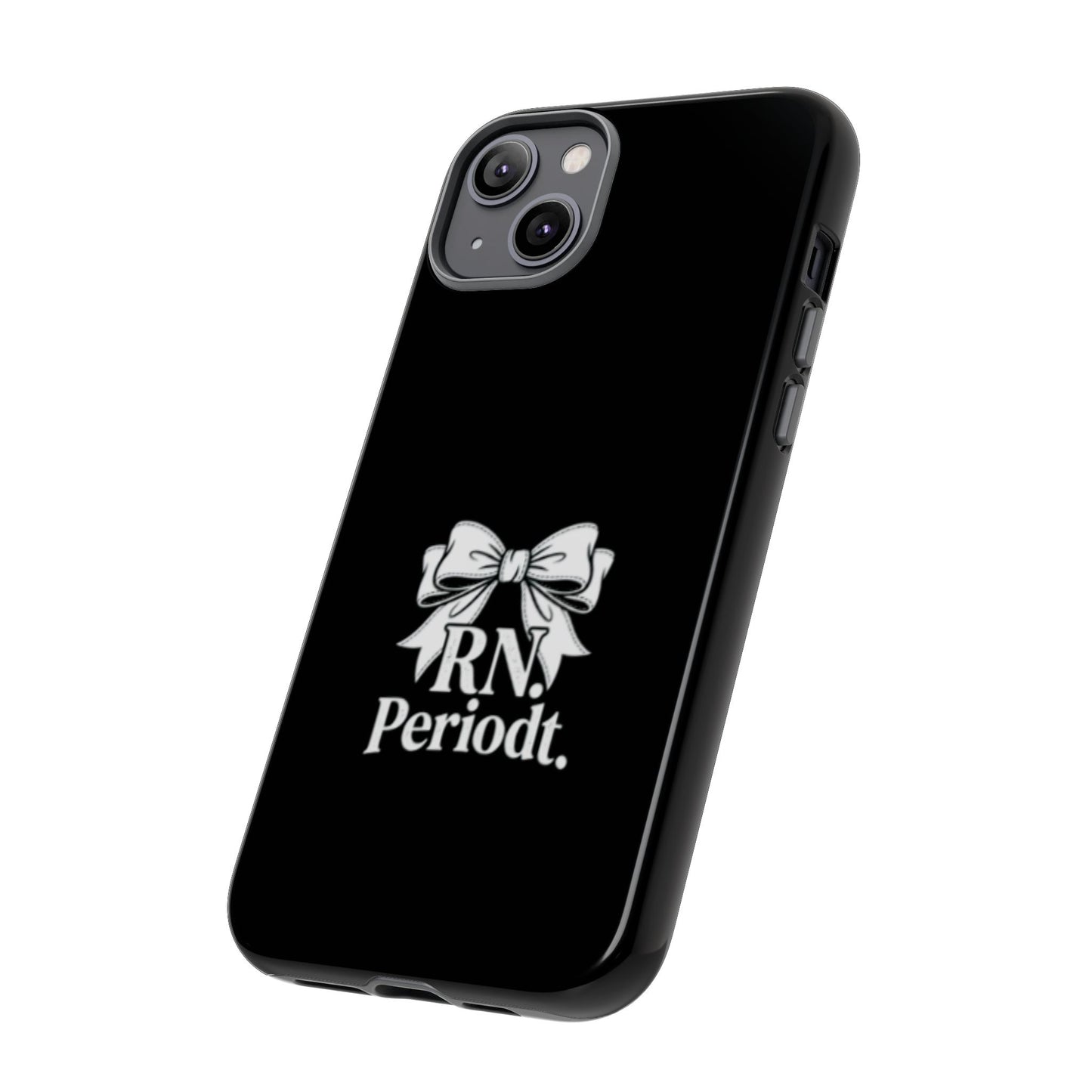 Front view of RN Phone Case with bold white bow print