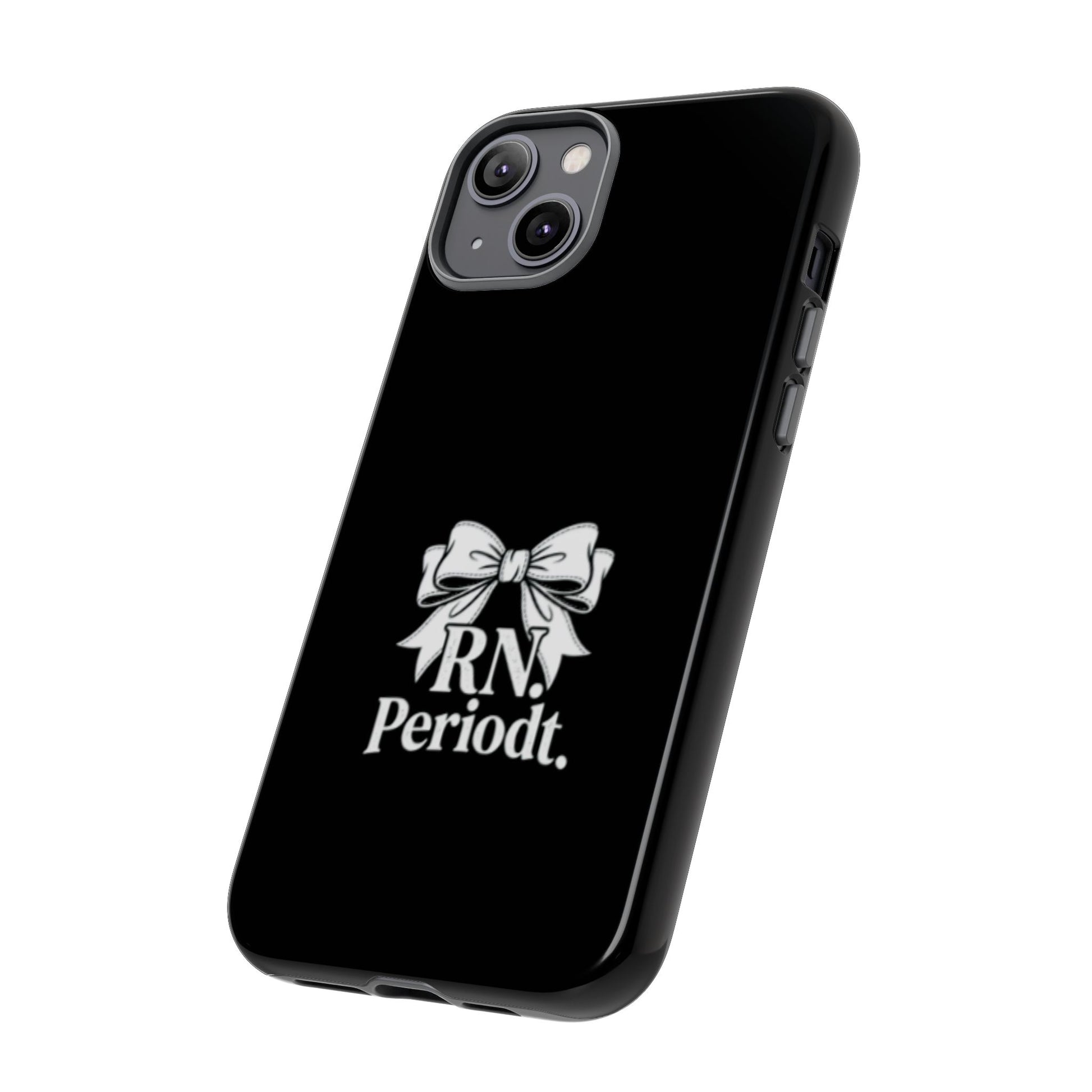 Front view of RN Phone Case with bold white bow print