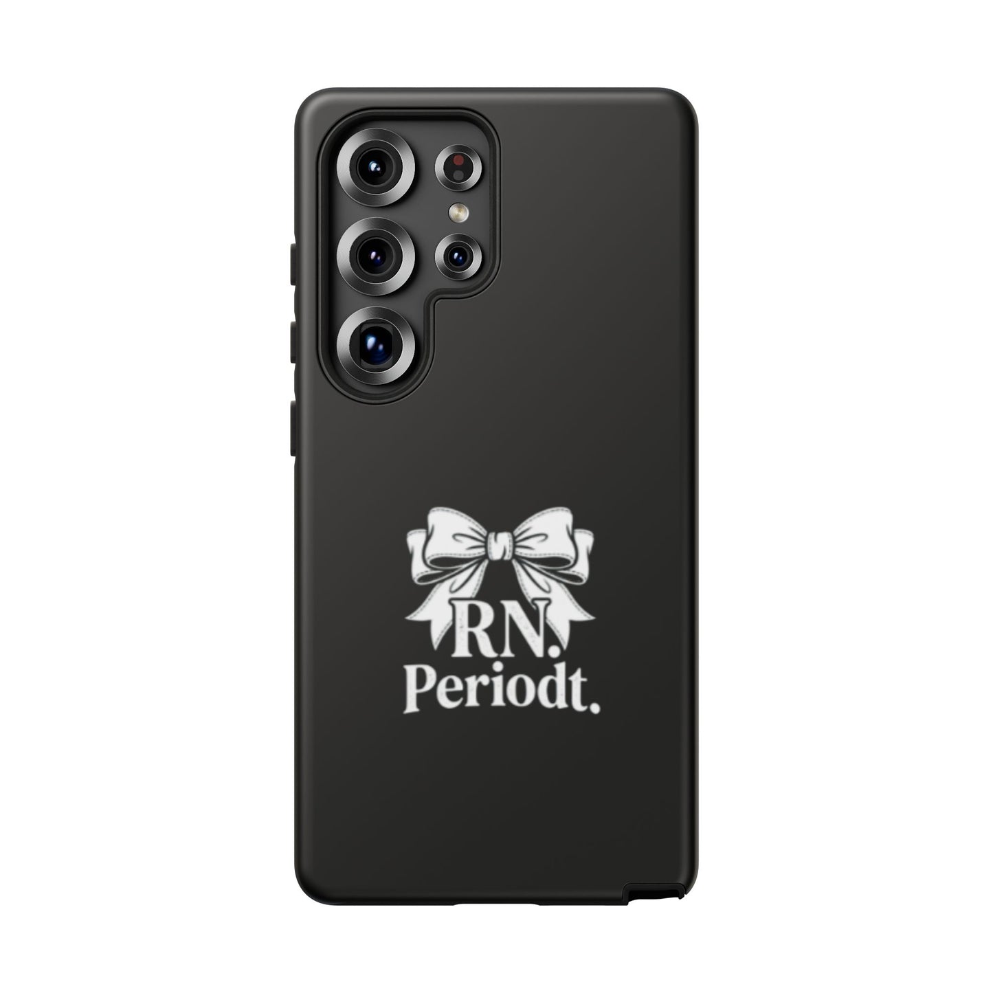 Front view of RN Phone Case with bold white bow print