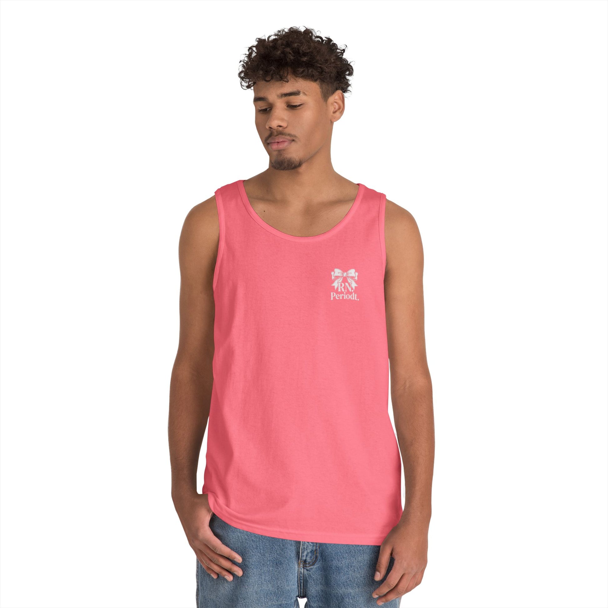 Bow Logo Tank Top worn layered under open shirt style
