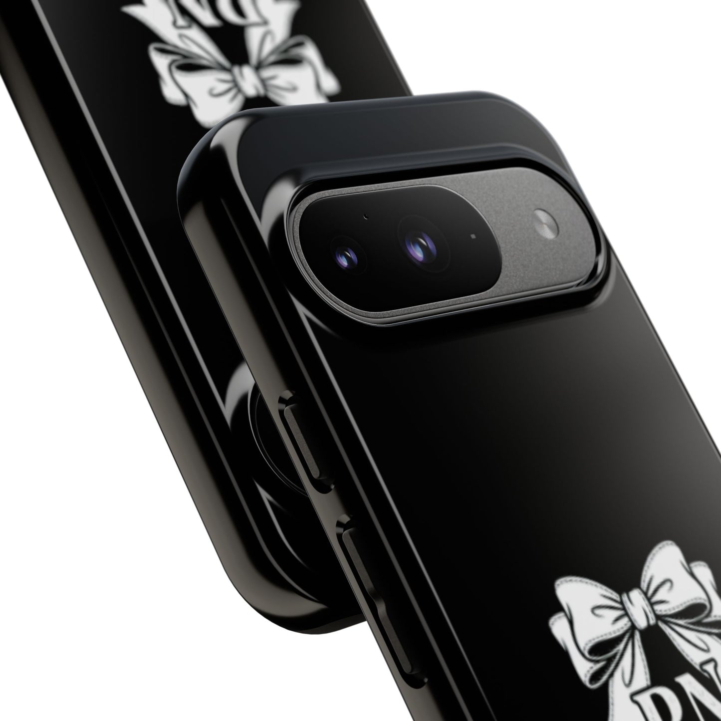 Front view of RN Phone Case with bold white bow print